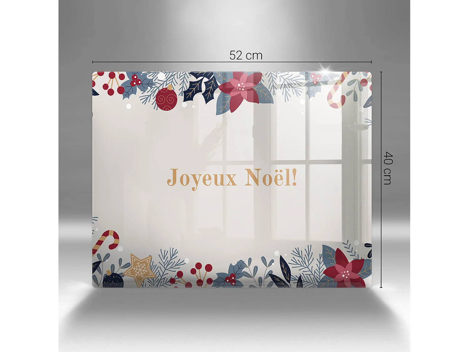 Planche de cuisine rectangulaire en verre avec une phrase "Noël: Joyeux Noël!" 40x52 cm