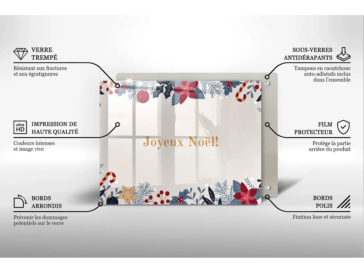 Planche de cuisine rectangulaire en verre avec une phrase "Noël: Joyeux Noël!" 40x52 cm