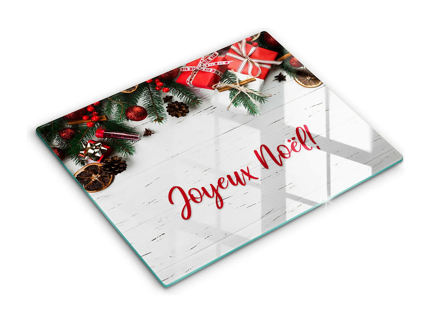 Planche de cuisine rectangulaire en verre avec une phrase "Joyeuses fêtes!" 40x52 cm