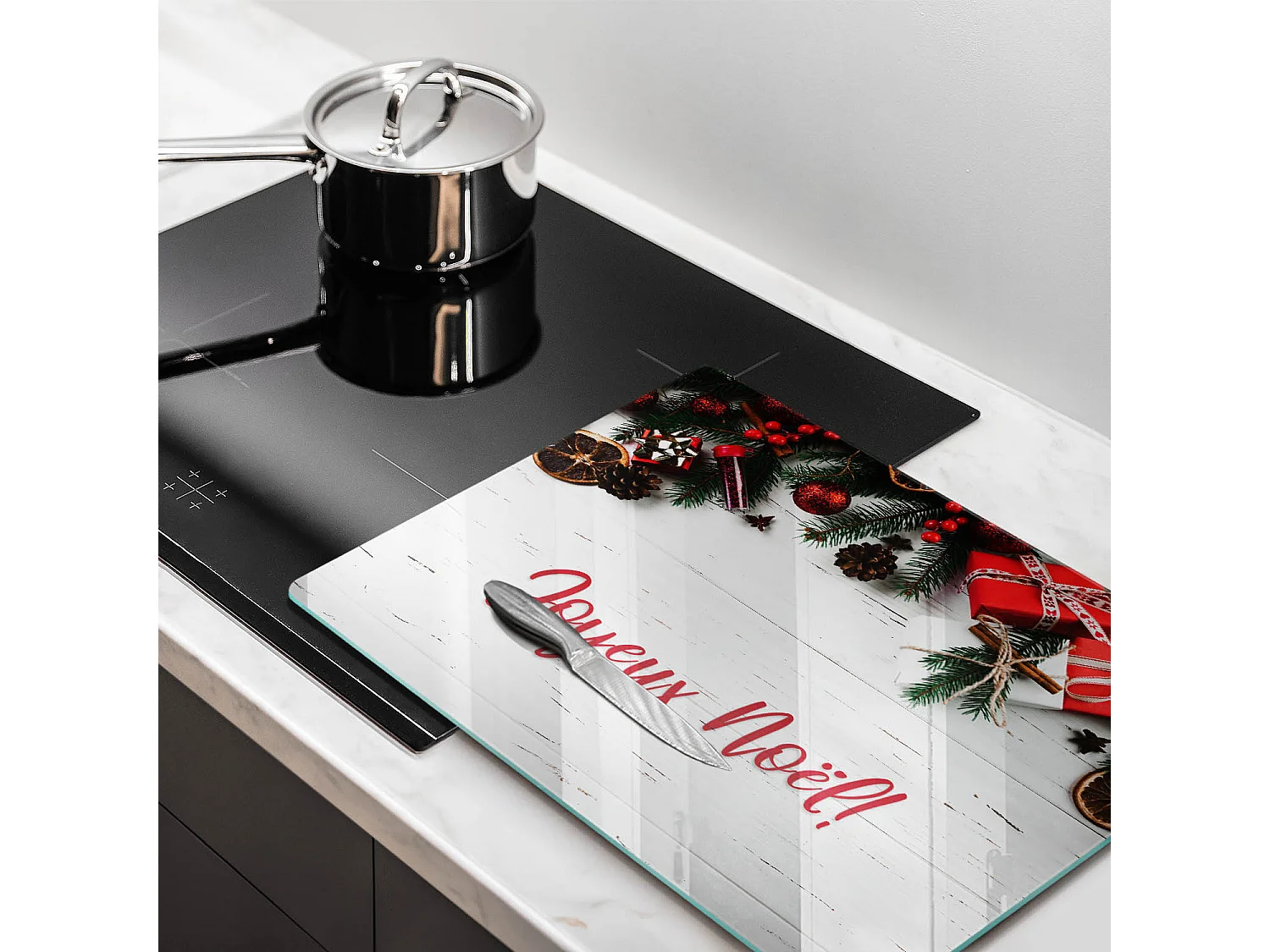 Planche de cuisine rectangulaire en verre avec une phrase "Joyeuses fêtes!" 40x52 cm