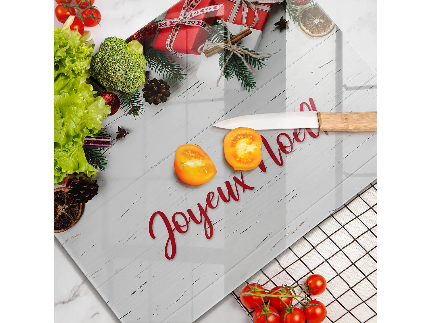 Planche de cuisine rectangulaire en verre avec une phrase "Joyeuses fêtes!" 40x52 cm