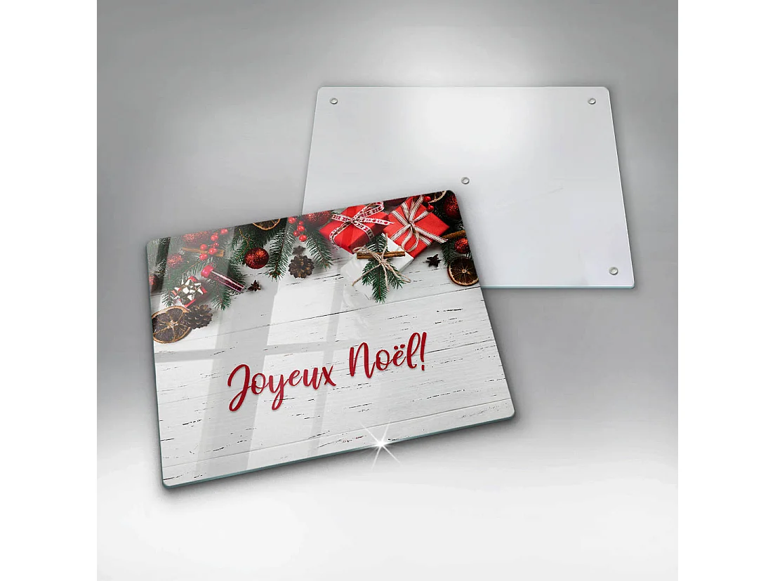Planche de cuisine rectangulaire en verre avec une phrase "Joyeuses fêtes!" 40x52 cm