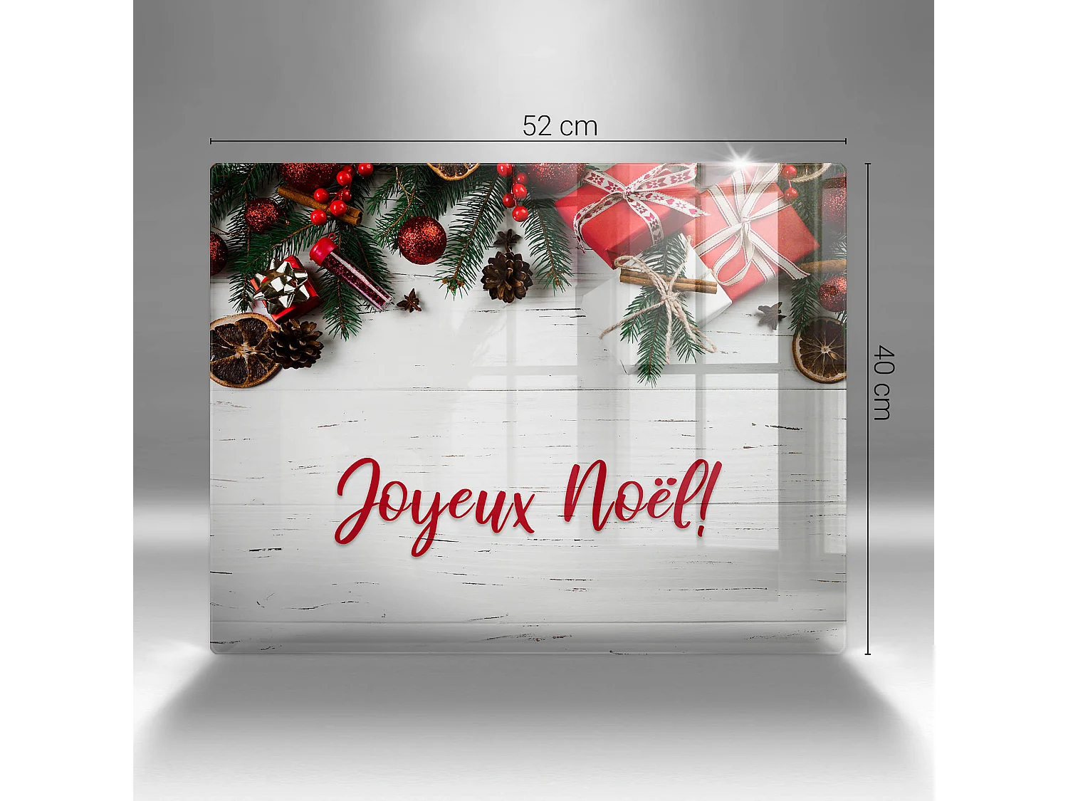 Planche de cuisine rectangulaire en verre avec une phrase "Joyeuses fêtes!" 40x52 cm