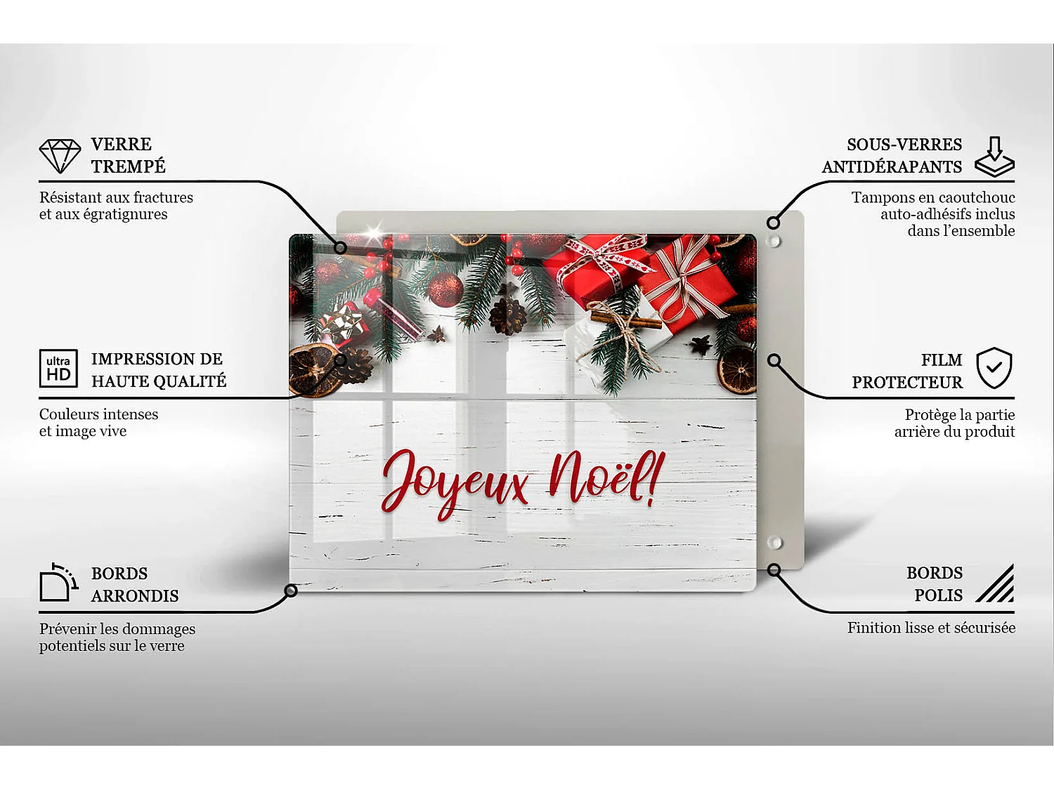 Planche de cuisine rectangulaire en verre avec une phrase "Joyeuses fêtes!" 40x52 cm
