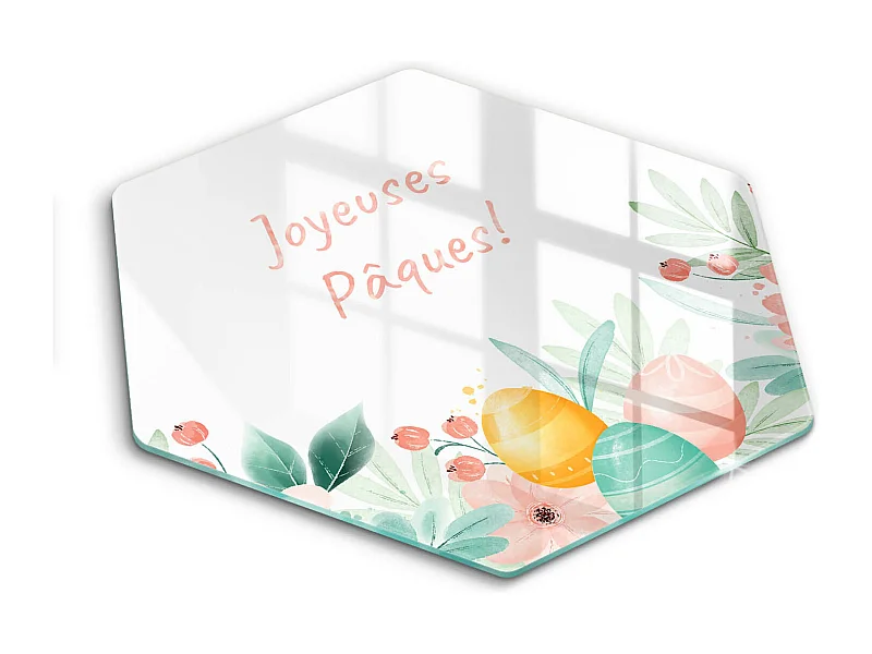 Planche de cuisine hexagonale en verre avec une phrase "Joyeuses Pâques!" 40 cm