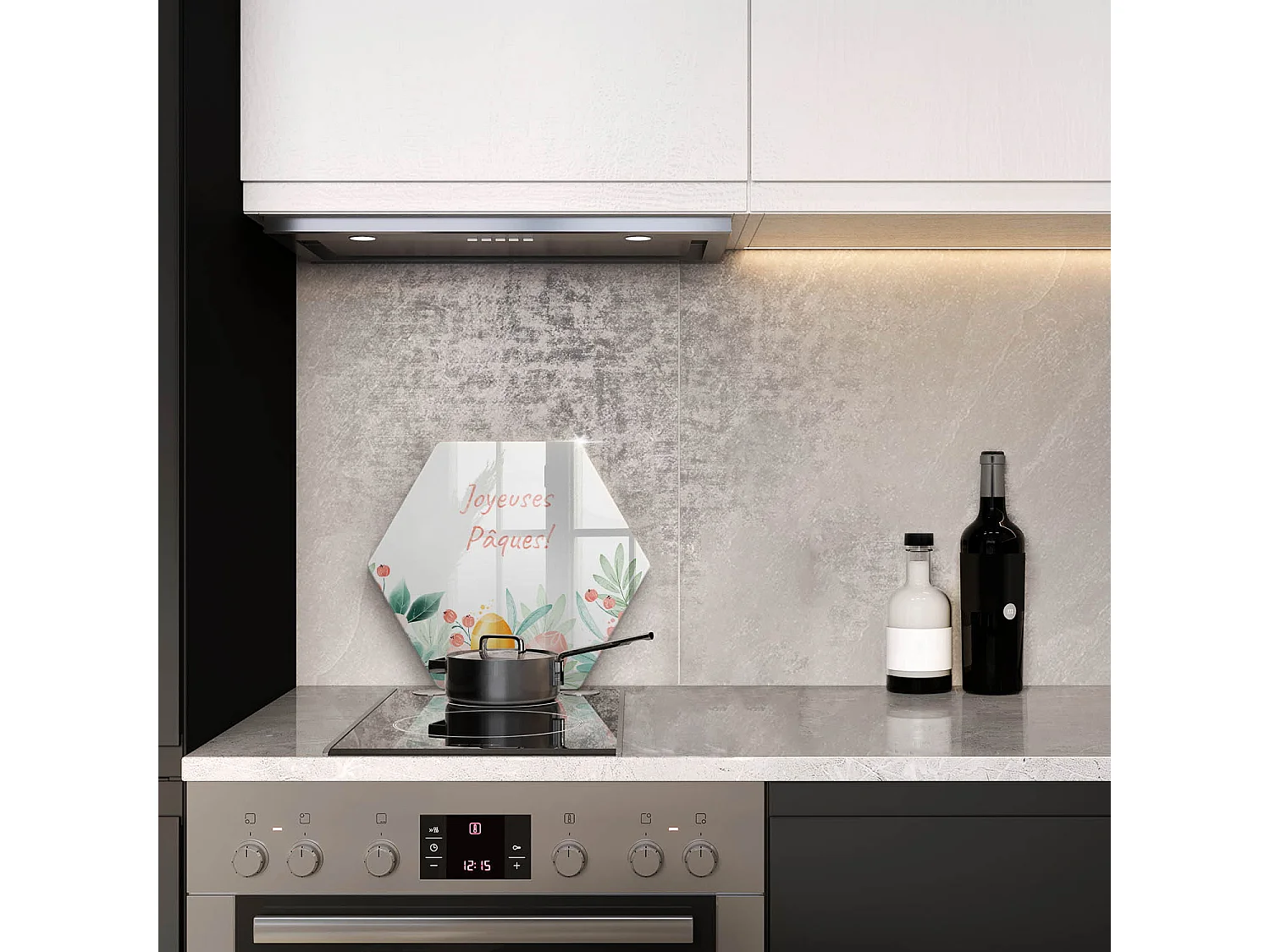 Planche de cuisine hexagonale en verre avec une phrase "Joyeuses Pâques!" 40 cm