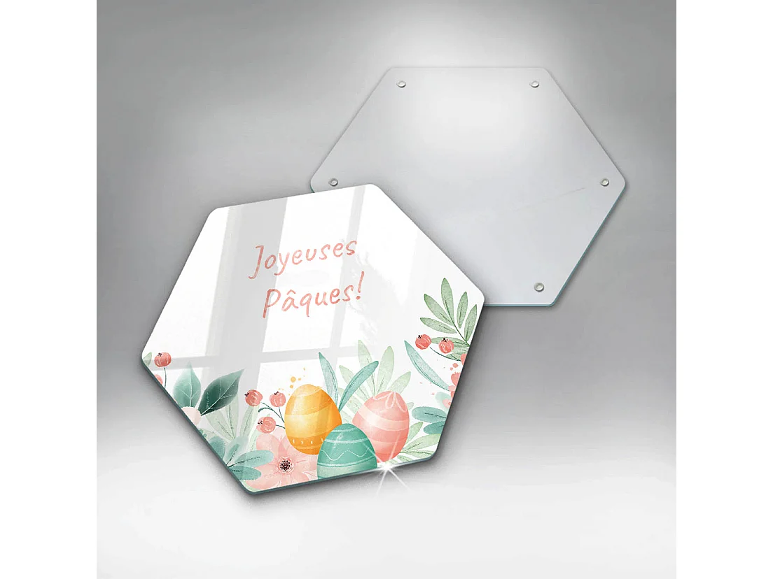 Planche de cuisine hexagonale en verre avec une phrase "Joyeuses Pâques!" 40 cm
