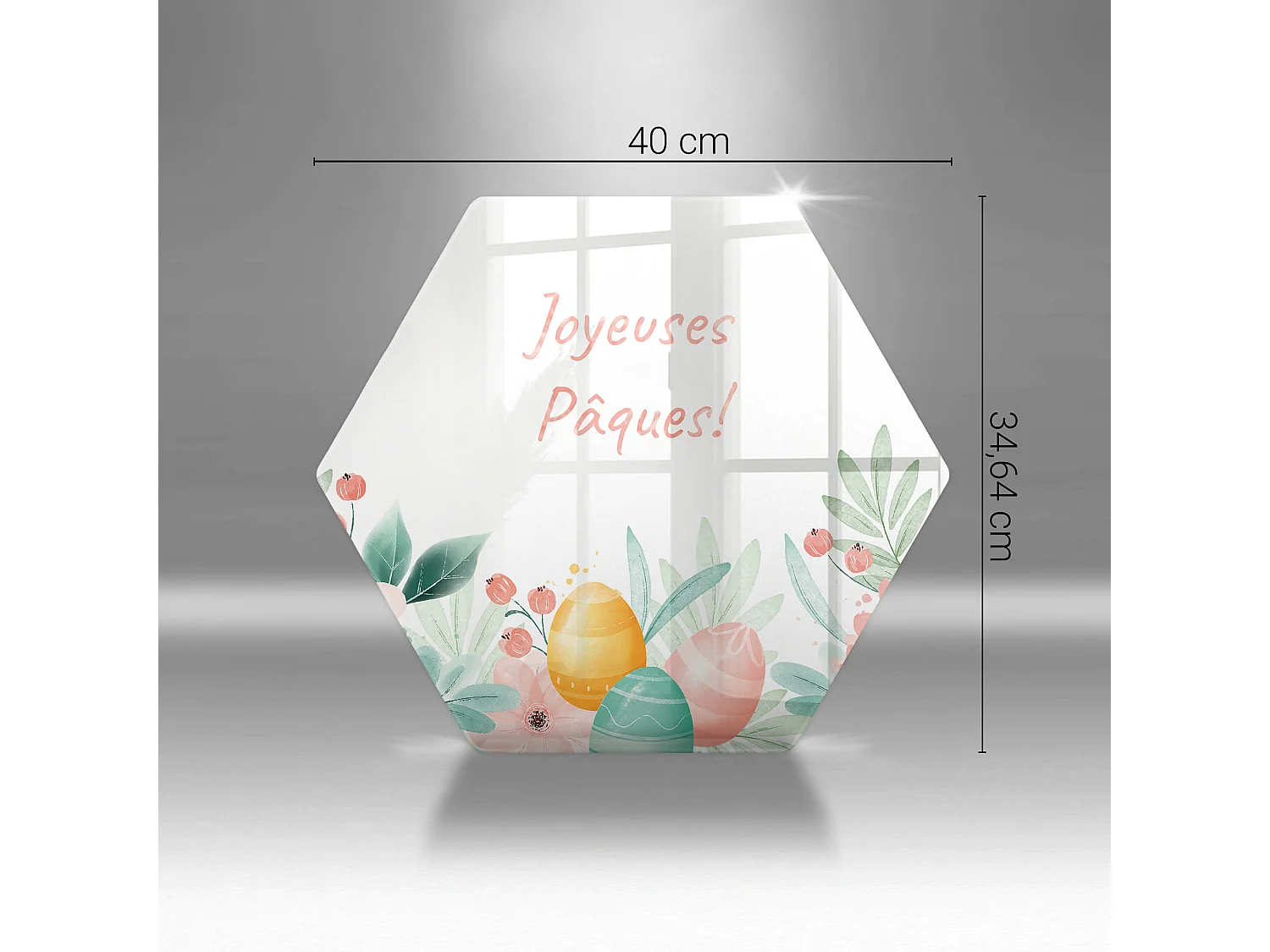 Planche de cuisine hexagonale en verre avec une phrase "Joyeuses Pâques!" 40 cm