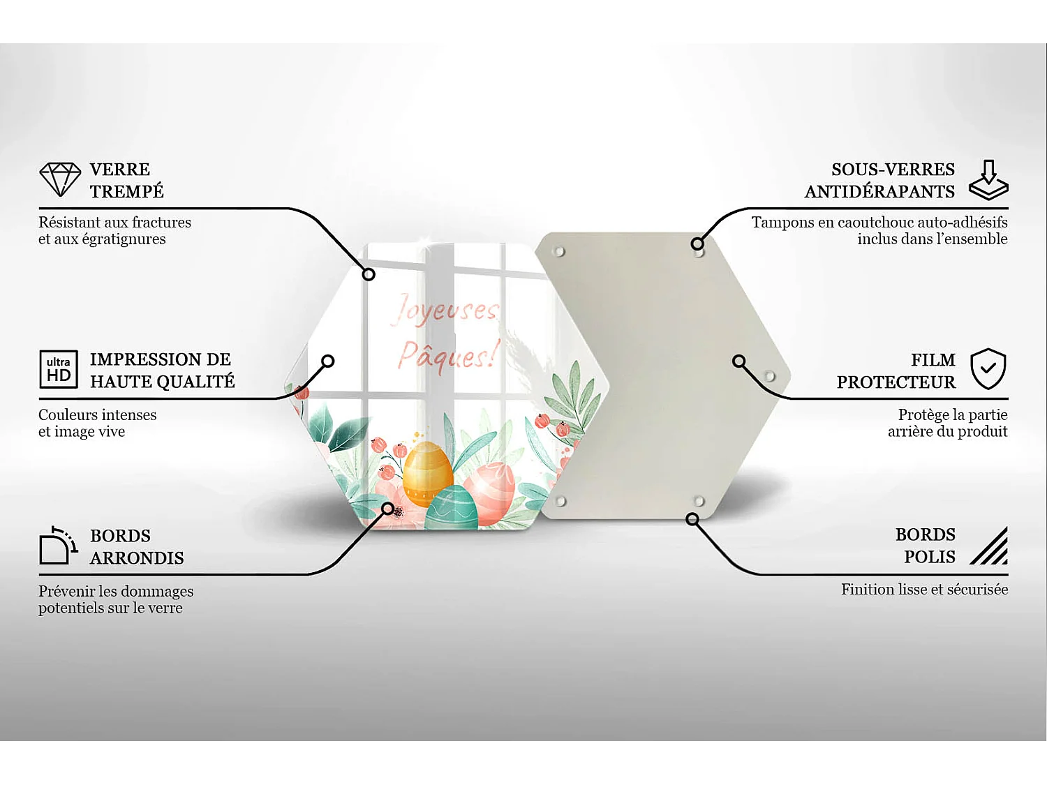 Planche de cuisine hexagonale en verre avec une phrase "Joyeuses Pâques!" 40 cm