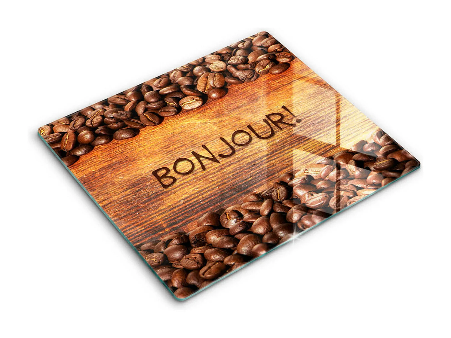 Planche de cuisine rectangulaire en verre avec une phrase "Grains de café, Bonjour!" 60x52 cm