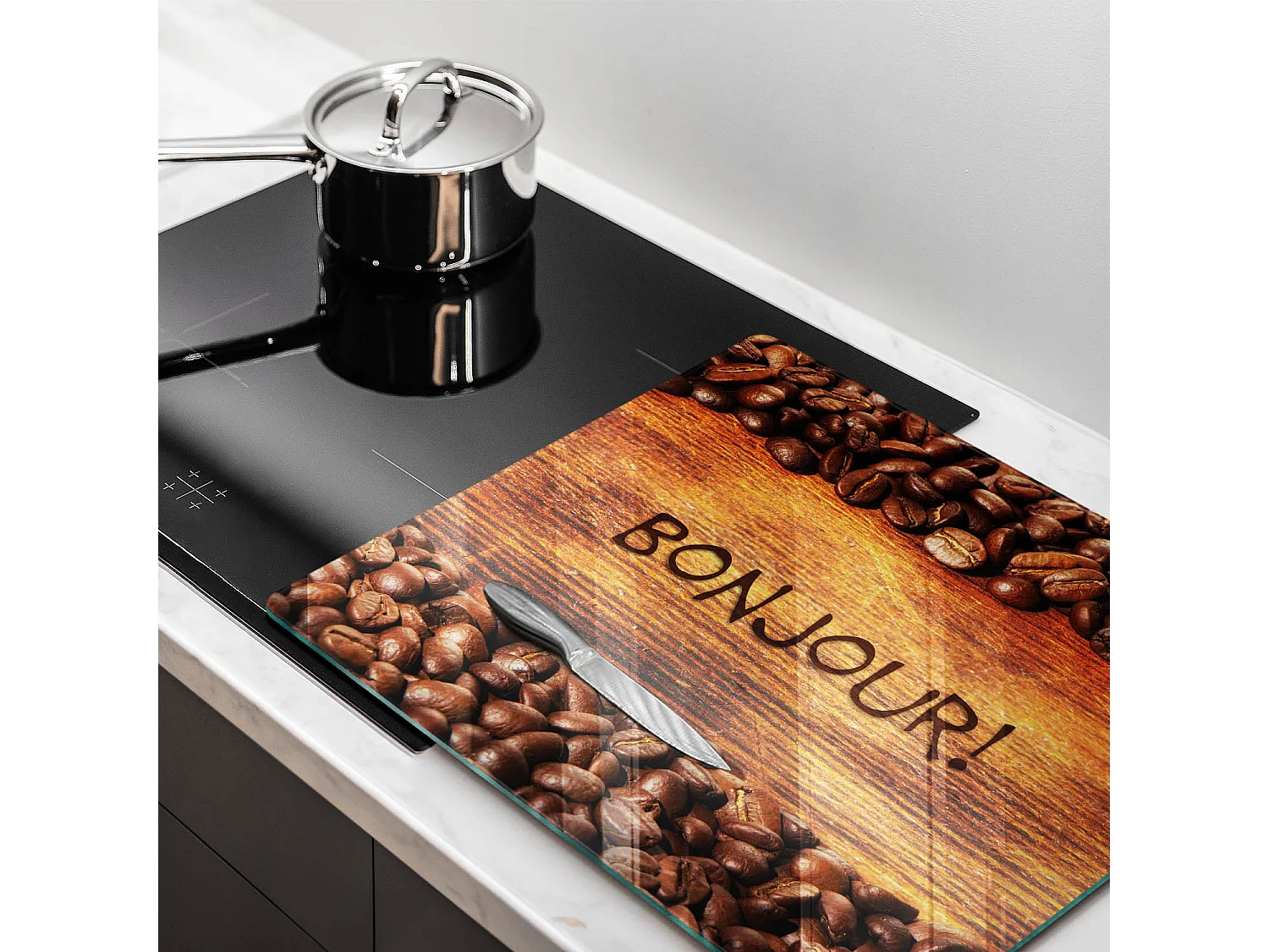 Planche de cuisine rectangulaire en verre avec une phrase "Grains de café, Bonjour!" 60x52 cm