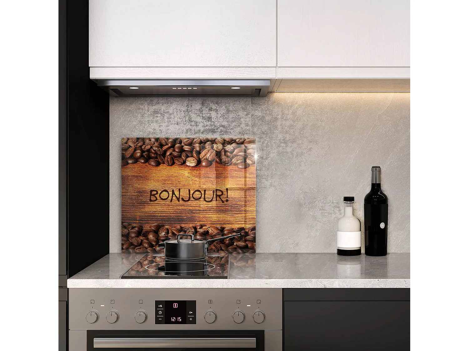 Planche de cuisine rectangulaire en verre avec une phrase "Grains de café, Bonjour!" 60x52 cm