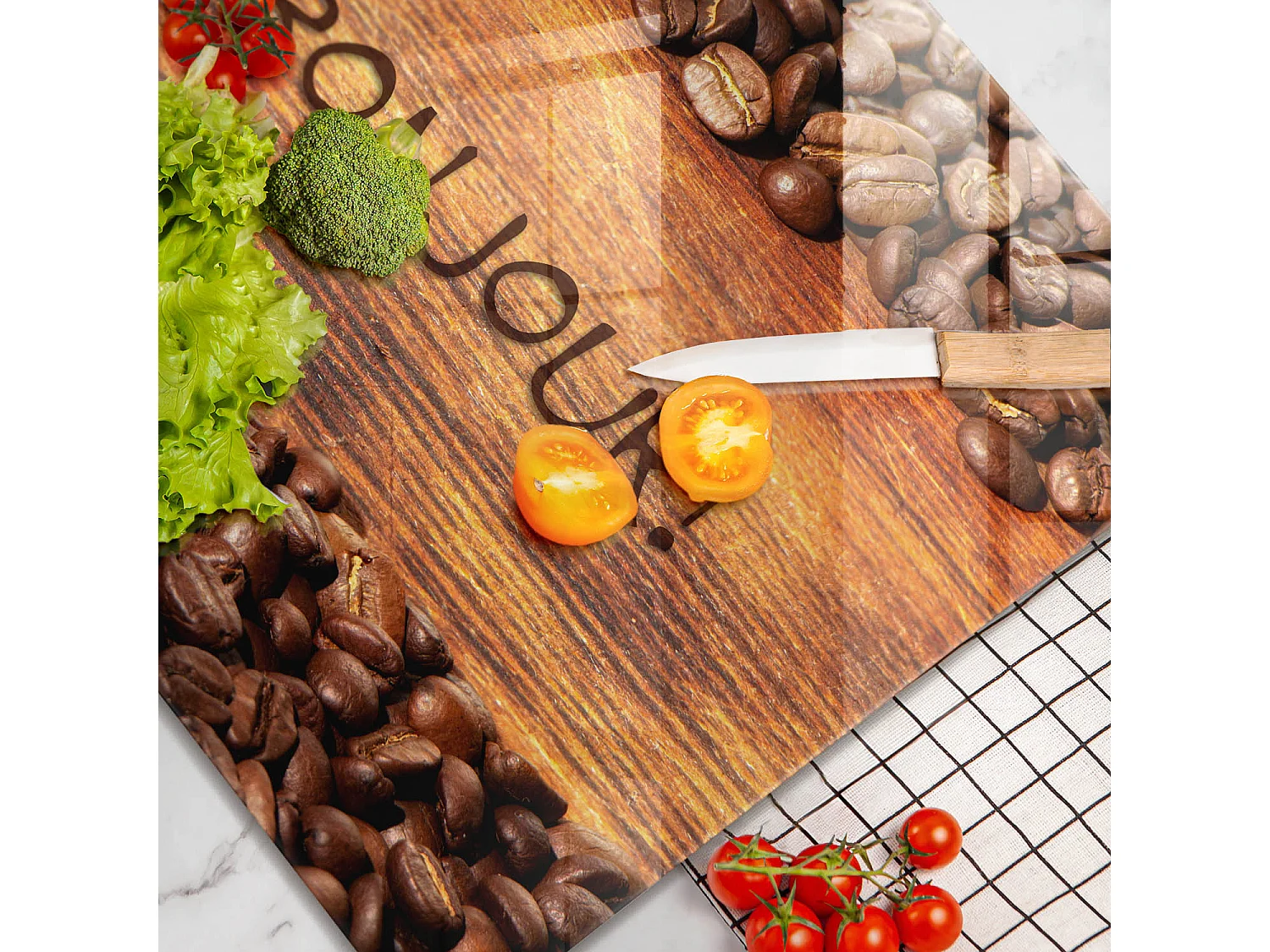 Planche de cuisine rectangulaire en verre avec une phrase "Grains de café, Bonjour!" 60x52 cm