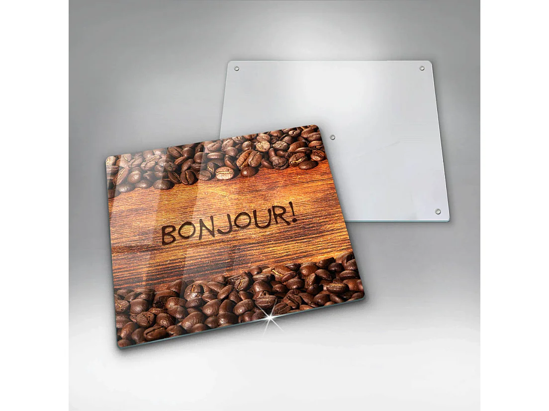 Planche de cuisine rectangulaire en verre avec une phrase "Grains de café, Bonjour!" 60x52 cm