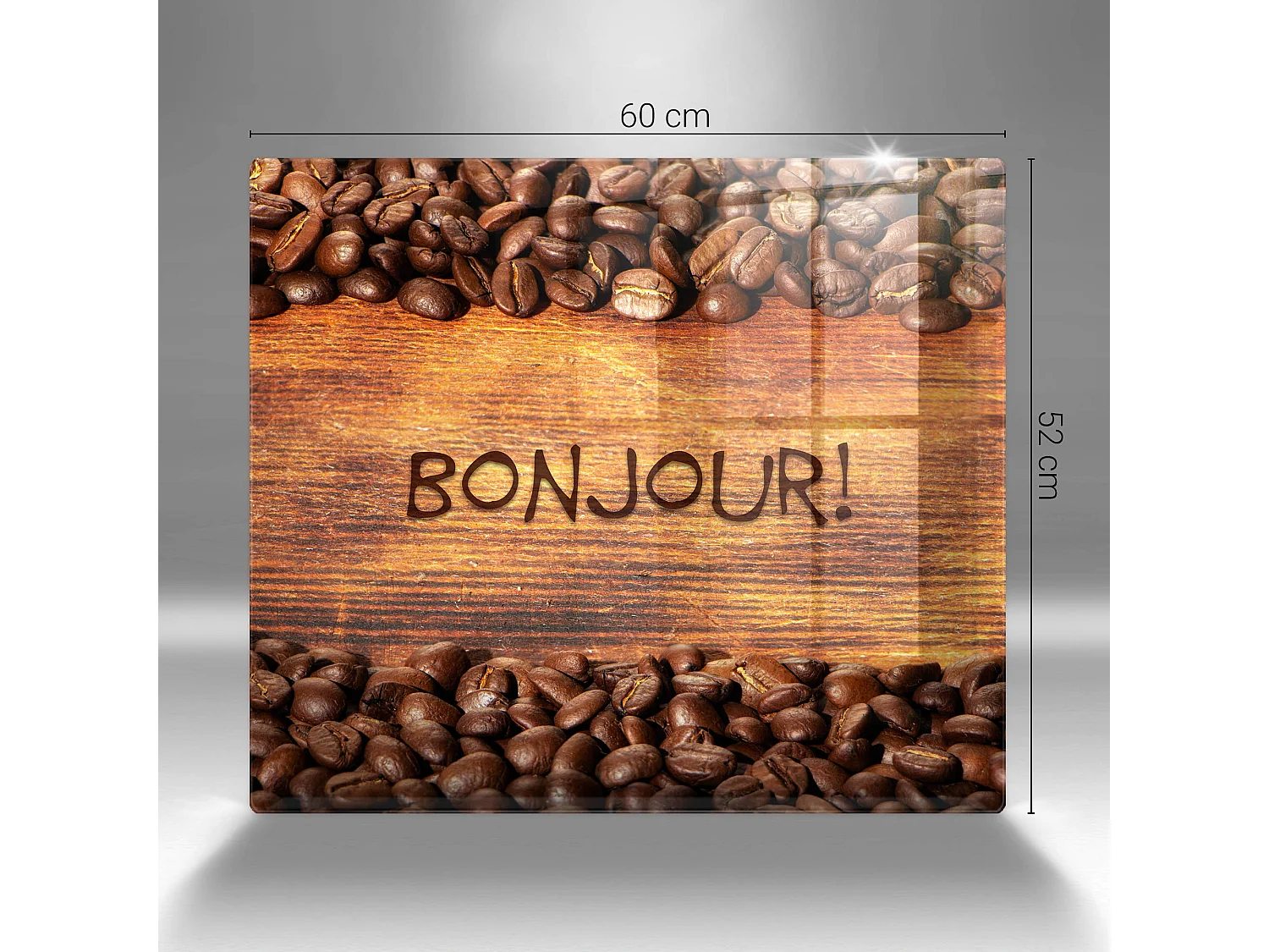 Planche de cuisine rectangulaire en verre avec une phrase "Grains de café, Bonjour!" 60x52 cm