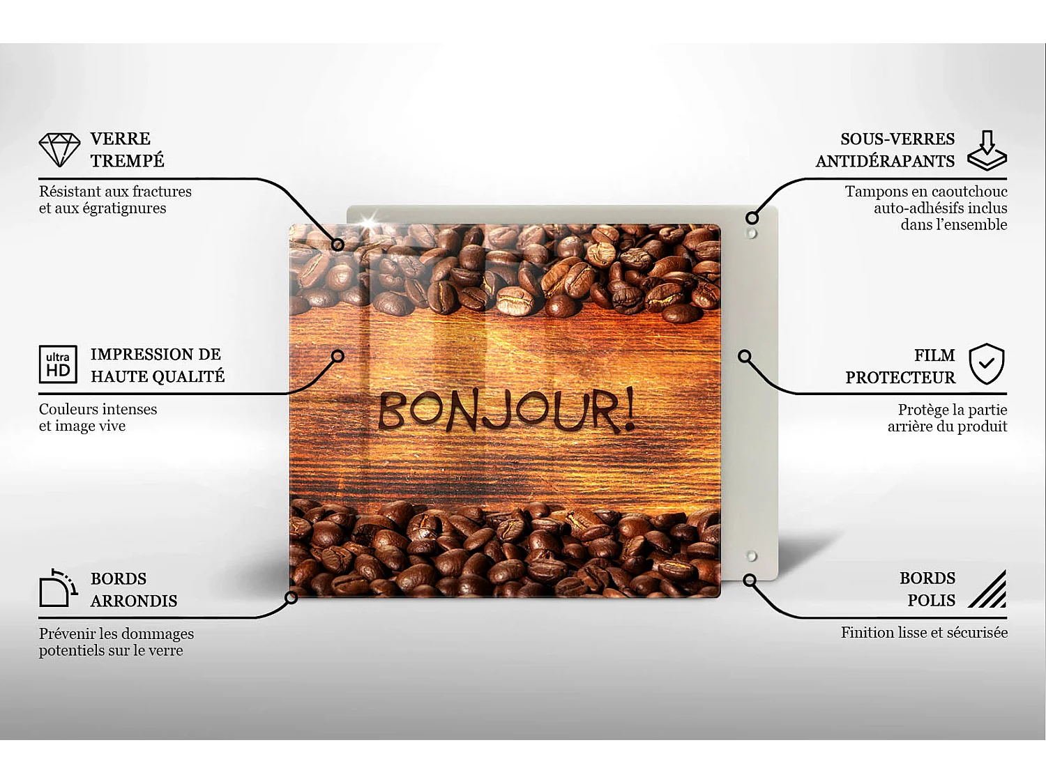 Planche de cuisine rectangulaire en verre avec une phrase "Grains de café, Bonjour!" 60x52 cm