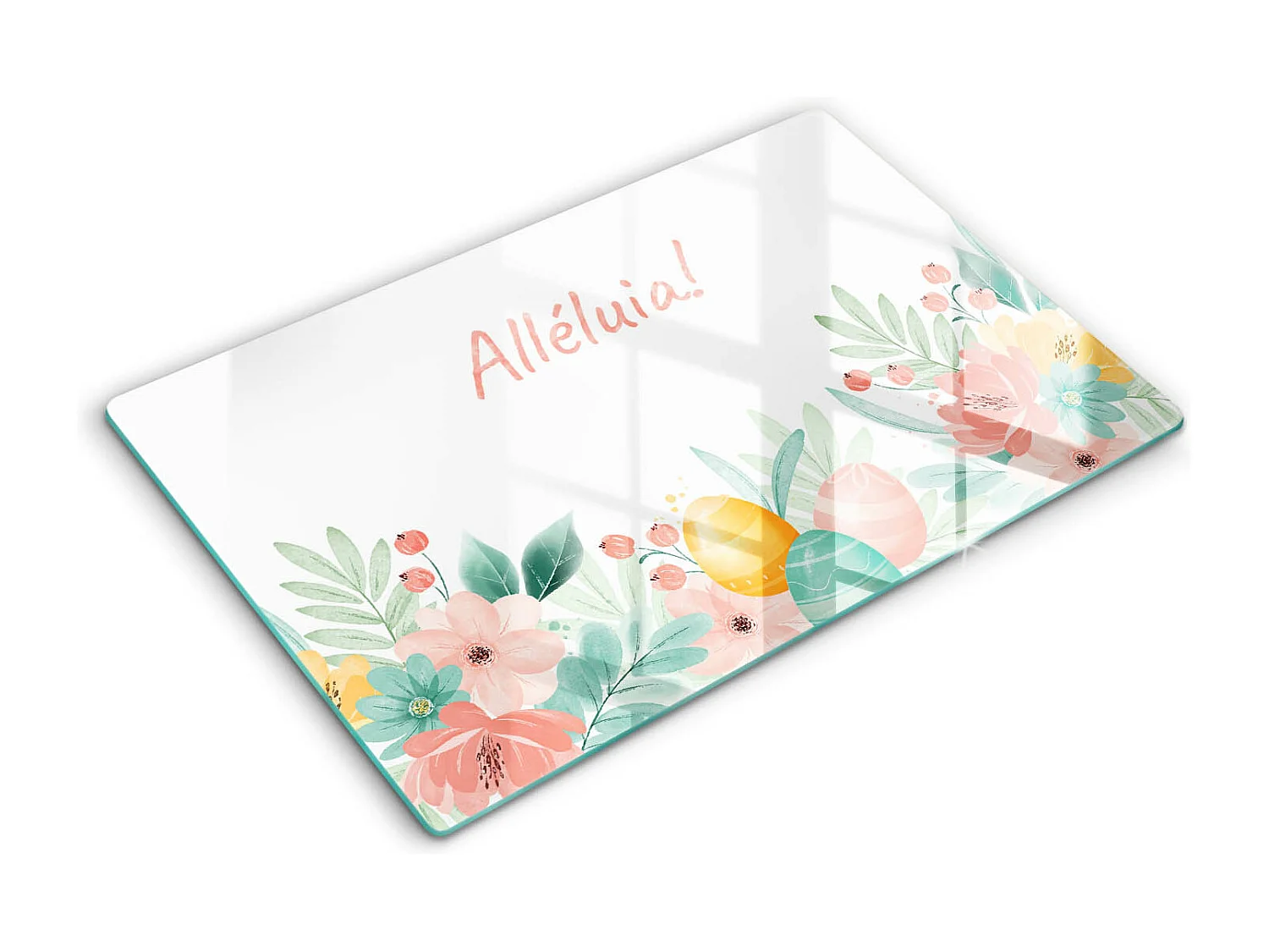 Planche de cuisine rectangulaire en verre avec une phrase "Motif: Alléluia festif!" 80x52 cm