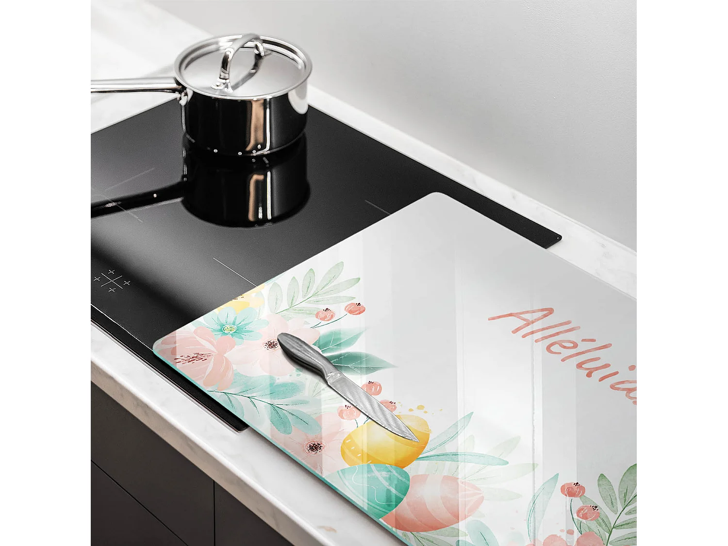 Planche de cuisine rectangulaire en verre avec une phrase "Motif: Alléluia festif!" 80x52 cm