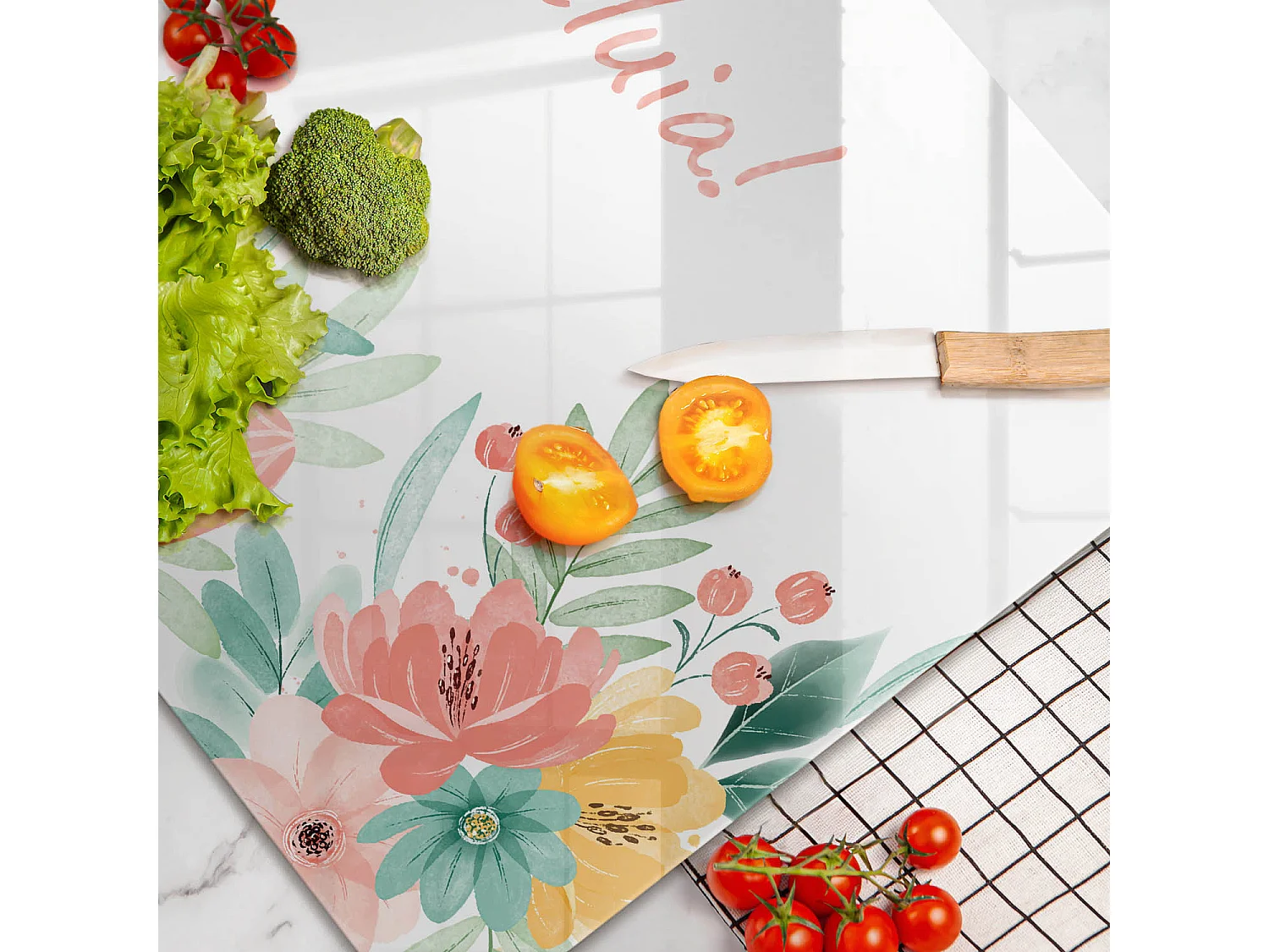 Planche de cuisine rectangulaire en verre avec une phrase "Motif: Alléluia festif!" 80x52 cm