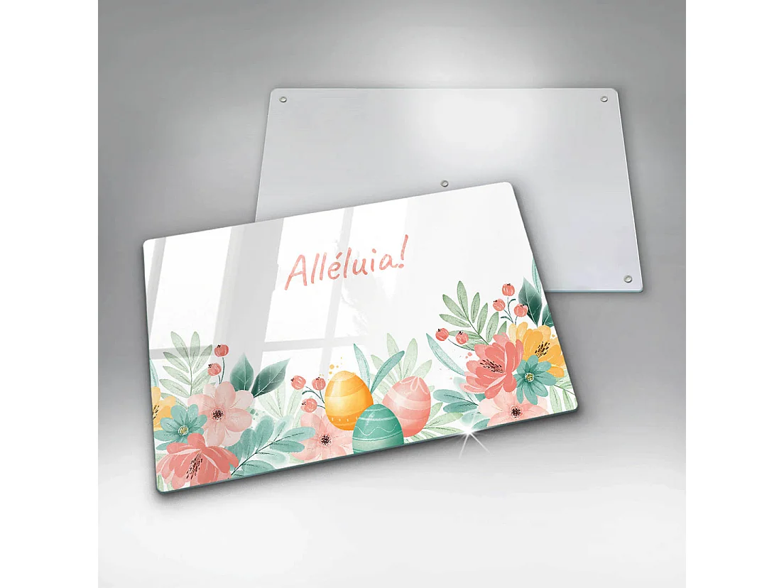 Planche de cuisine rectangulaire en verre avec une phrase "Motif: Alléluia festif!" 80x52 cm