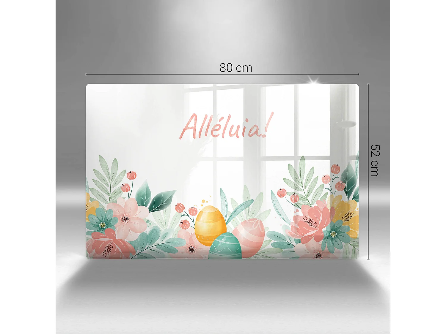 Planche de cuisine rectangulaire en verre avec une phrase "Motif: Alléluia festif!" 80x52 cm