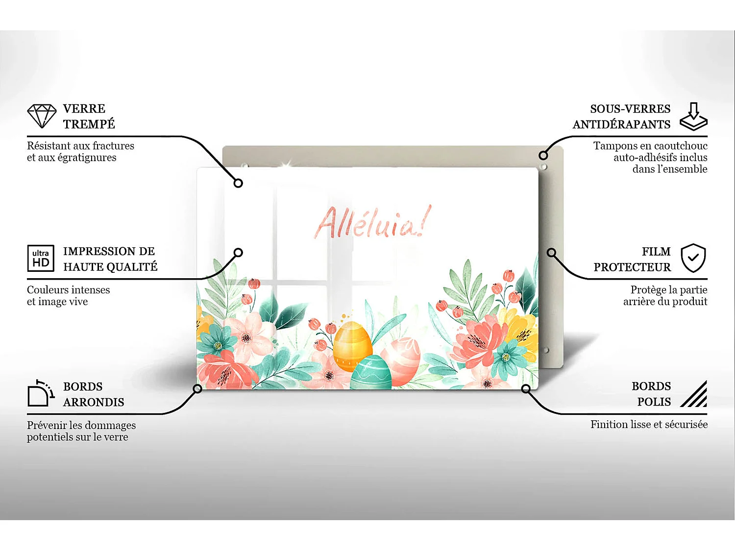 Planche de cuisine rectangulaire en verre avec une phrase "Motif: Alléluia festif!" 80x52 cm