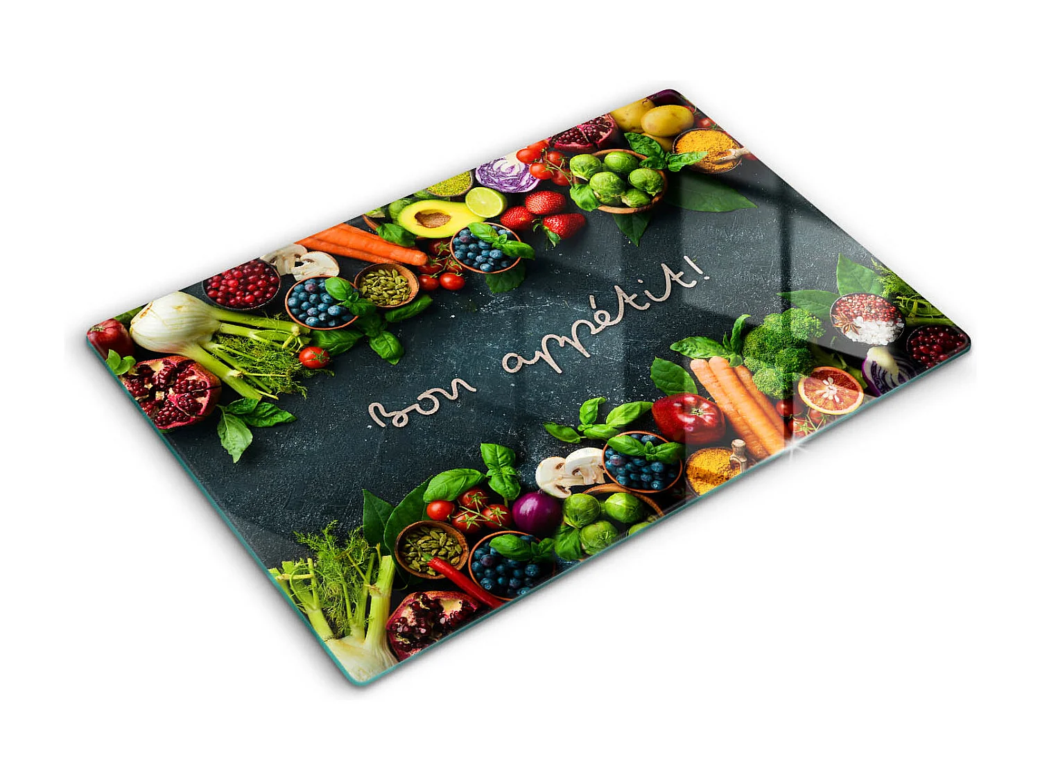 Planche de cuisine rectangulaire en verre avec une phrase "Fruits et légumes, Bon appétit!" 80x52 cm