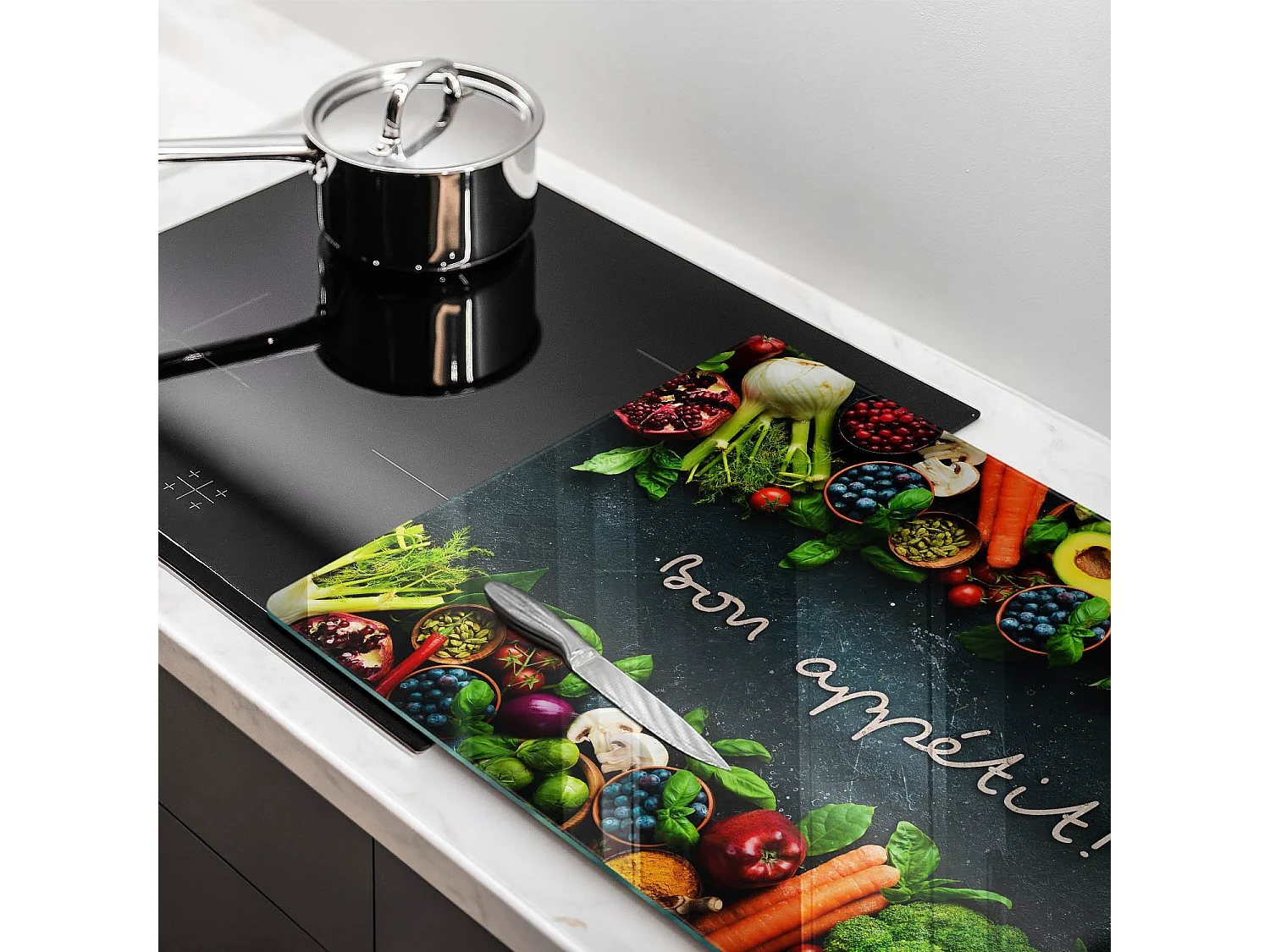 Planche de cuisine rectangulaire en verre avec une phrase "Fruits et légumes, Bon appétit!" 80x52 cm