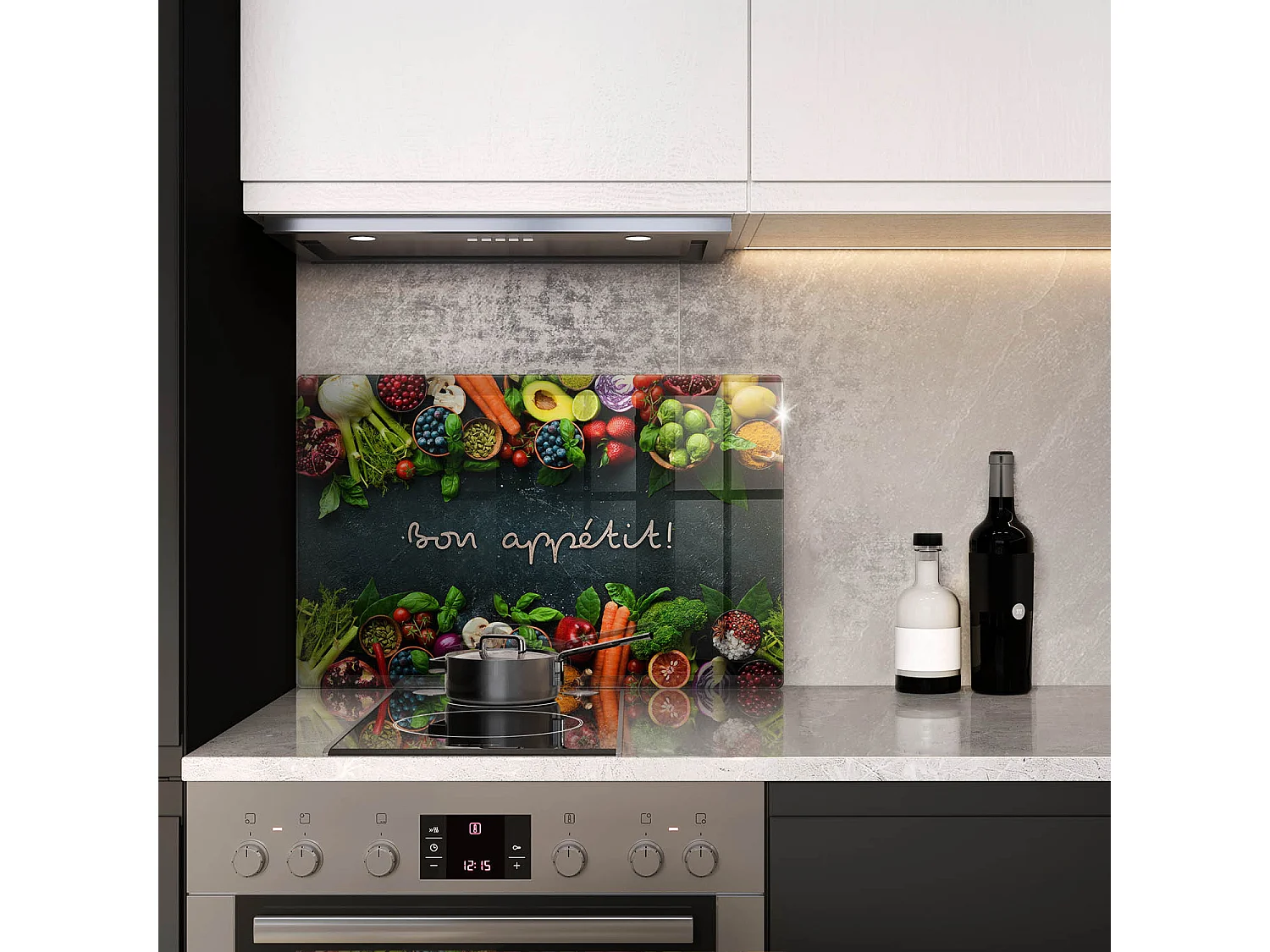 Planche de cuisine rectangulaire en verre avec une phrase "Fruits et légumes, Bon appétit!" 80x52 cm