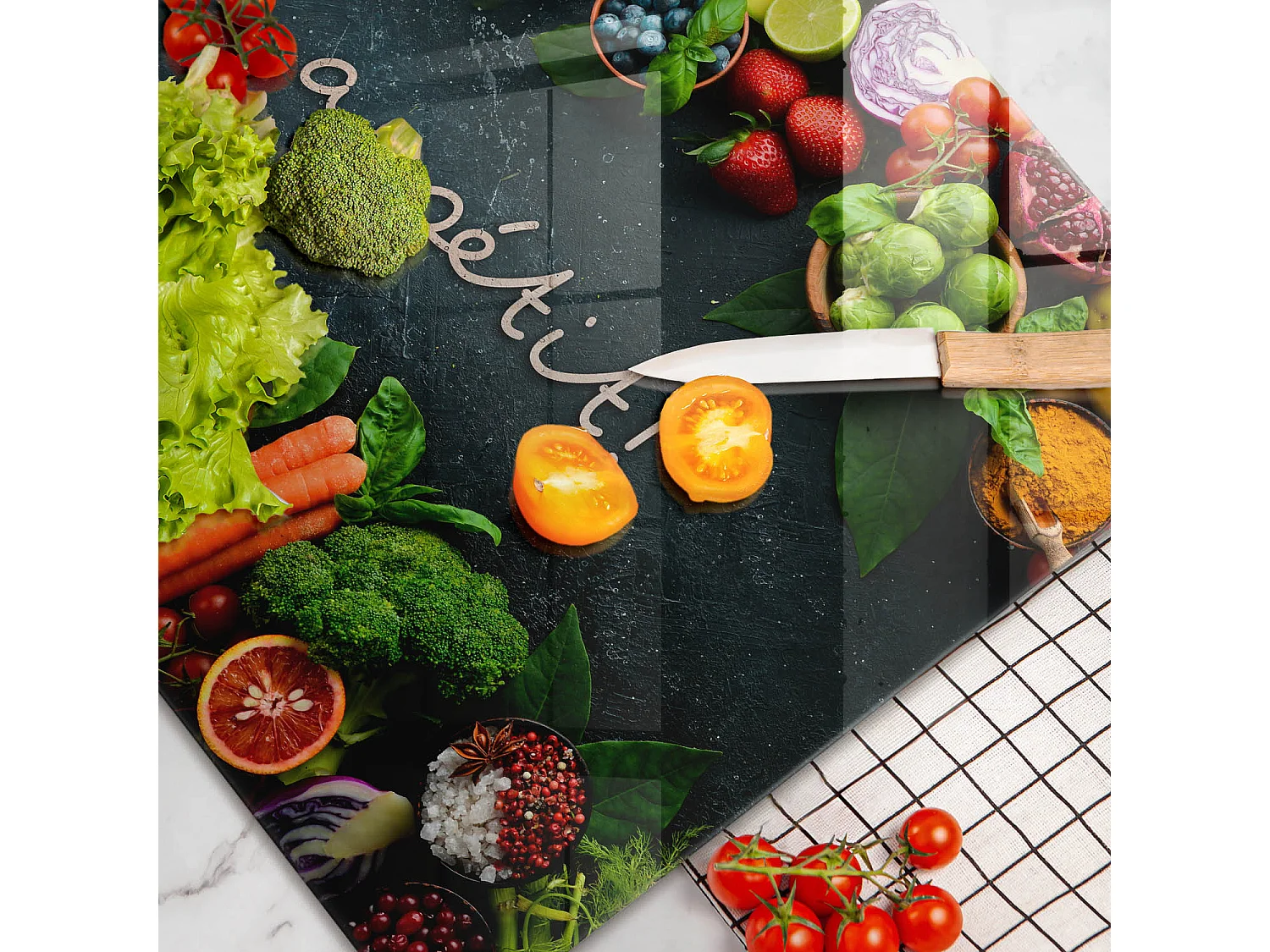 Planche de cuisine rectangulaire en verre avec une phrase "Fruits et légumes, Bon appétit!" 80x52 cm