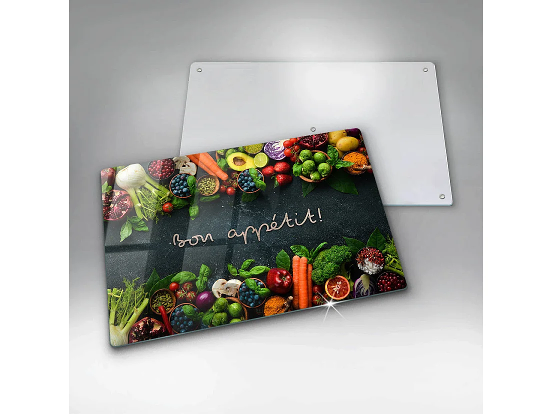Planche de cuisine rectangulaire en verre avec une phrase "Fruits et légumes, Bon appétit!" 80x52 cm