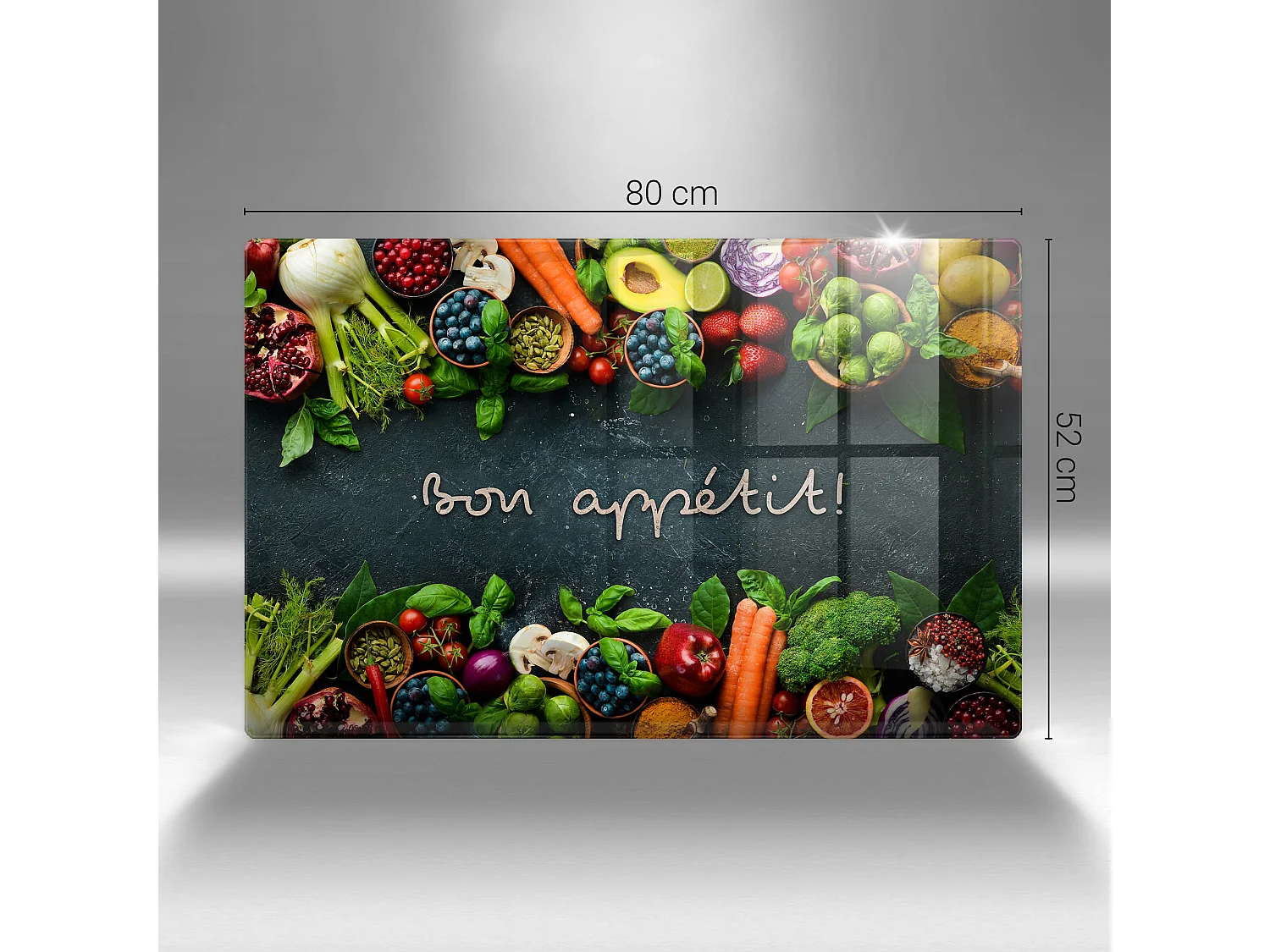 Planche de cuisine rectangulaire en verre avec une phrase "Fruits et légumes, Bon appétit!" 80x52 cm