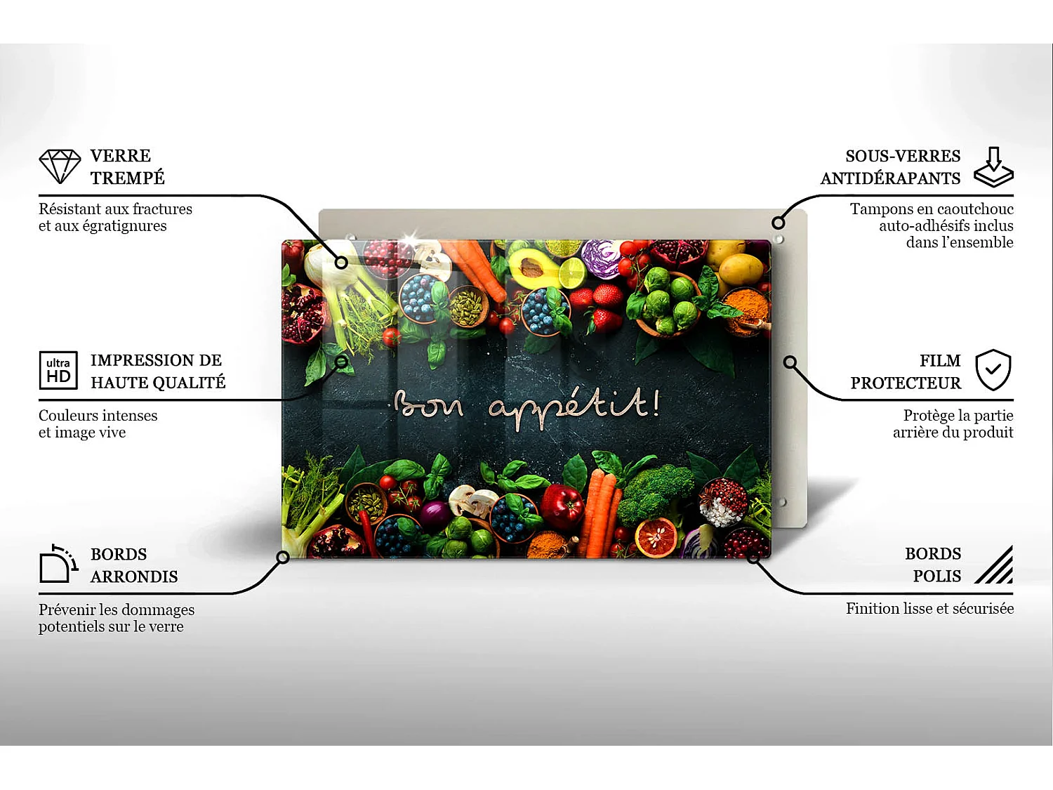 Planche de cuisine rectangulaire en verre avec une phrase "Fruits et légumes, Bon appétit!" 80x52 cm