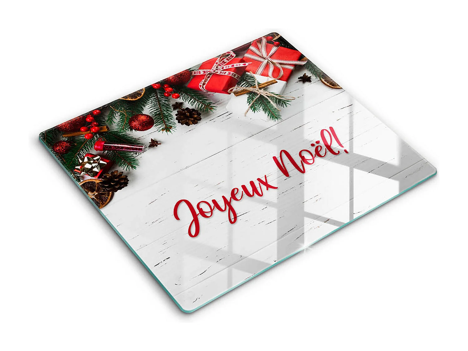 Planche de cuisine rectangulaire en verre avec une phrase "Joyeuses fêtes!" 60x52 cm