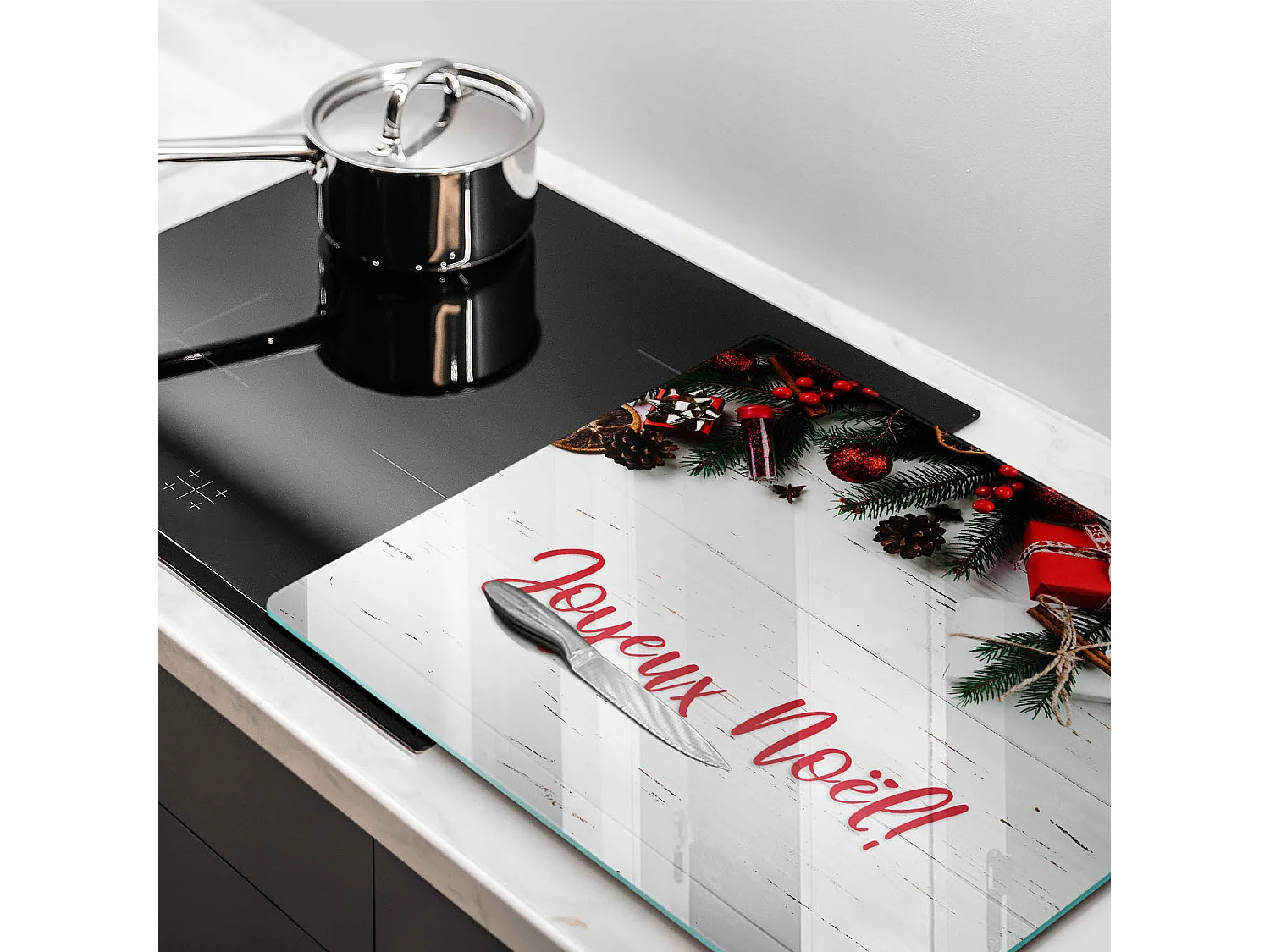 Planche de cuisine rectangulaire en verre avec une phrase "Joyeuses fêtes!" 60x52 cm