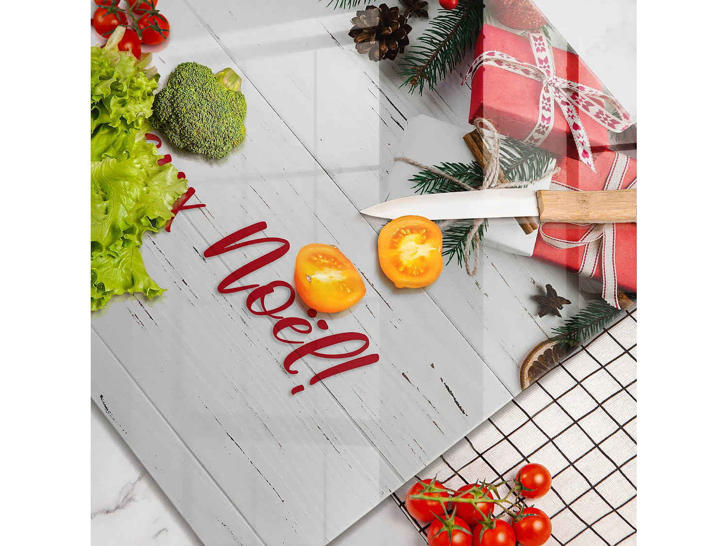 Planche de cuisine rectangulaire en verre avec une phrase "Joyeuses fêtes!" 60x52 cm