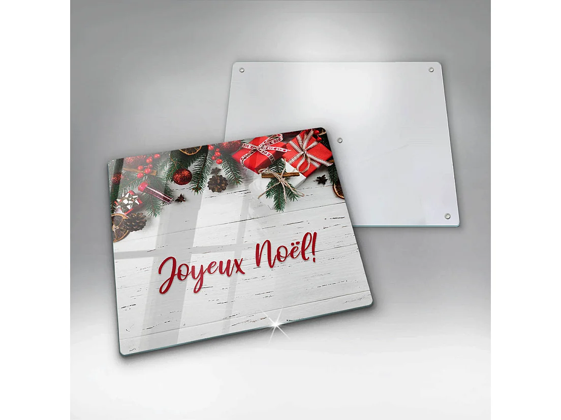 Planche de cuisine rectangulaire en verre avec une phrase "Joyeuses fêtes!" 60x52 cm