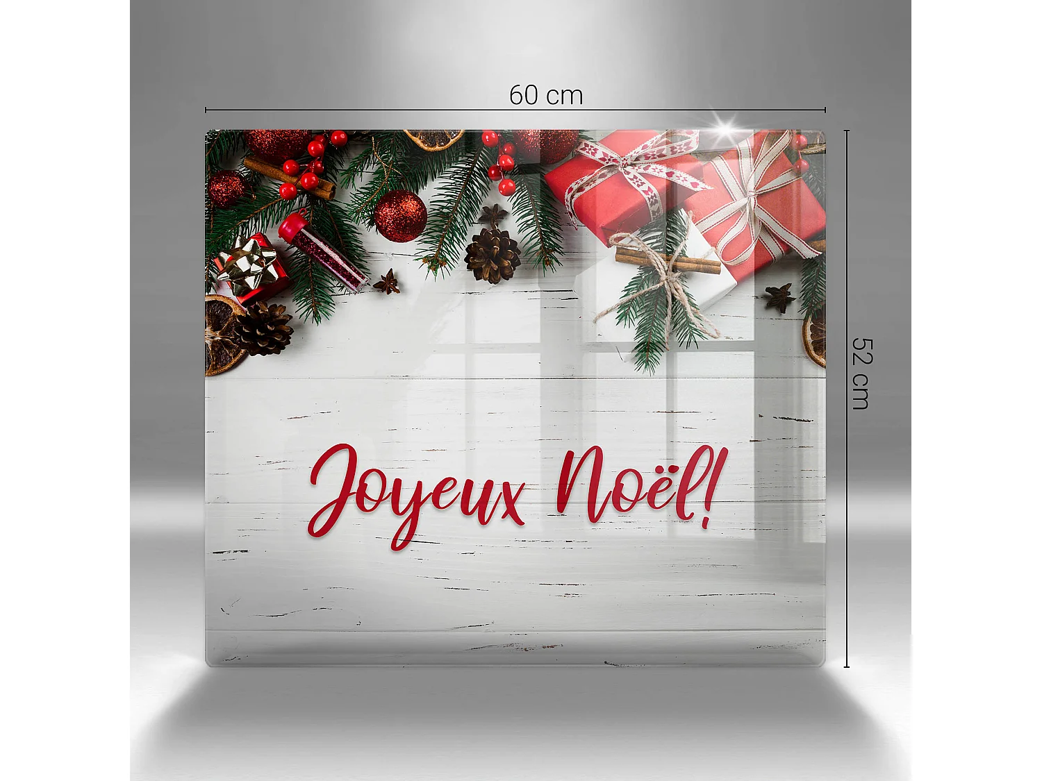 Planche de cuisine rectangulaire en verre avec une phrase "Joyeuses fêtes!" 60x52 cm