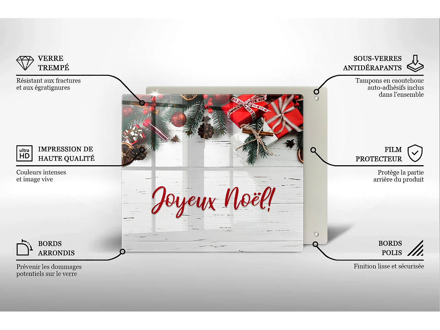 Planche de cuisine rectangulaire en verre avec une phrase "Joyeuses fêtes!" 60x52 cm