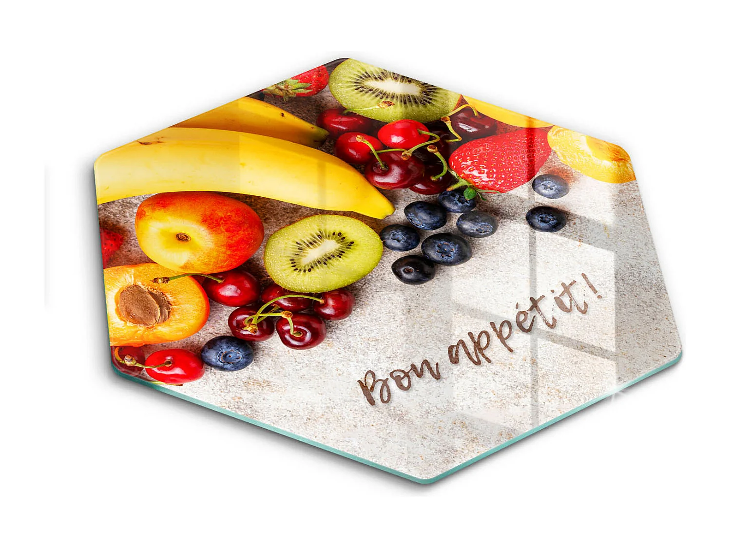 Planche de cuisine hexagonale en verre avec une phrase "Fruits, Bon appétit!" 40 cm