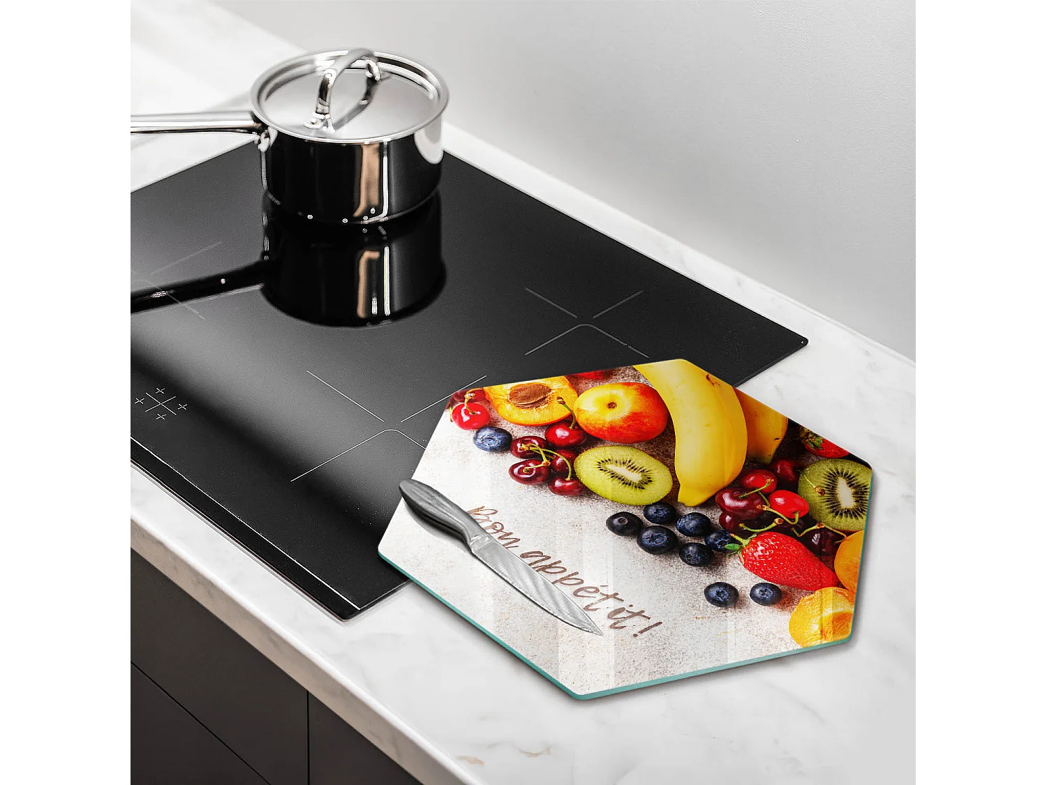 Planche de cuisine hexagonale en verre avec une phrase "Fruits, Bon appétit!" 40 cm