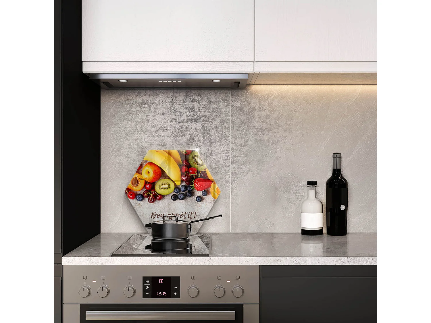 Planche de cuisine hexagonale en verre avec une phrase "Fruits, Bon appétit!" 40 cm