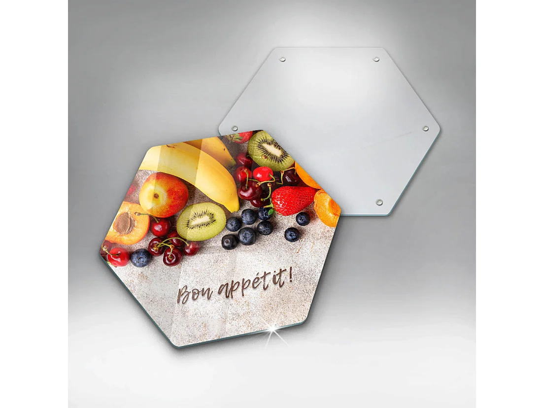 Planche de cuisine hexagonale en verre avec une phrase "Fruits, Bon appétit!" 40 cm