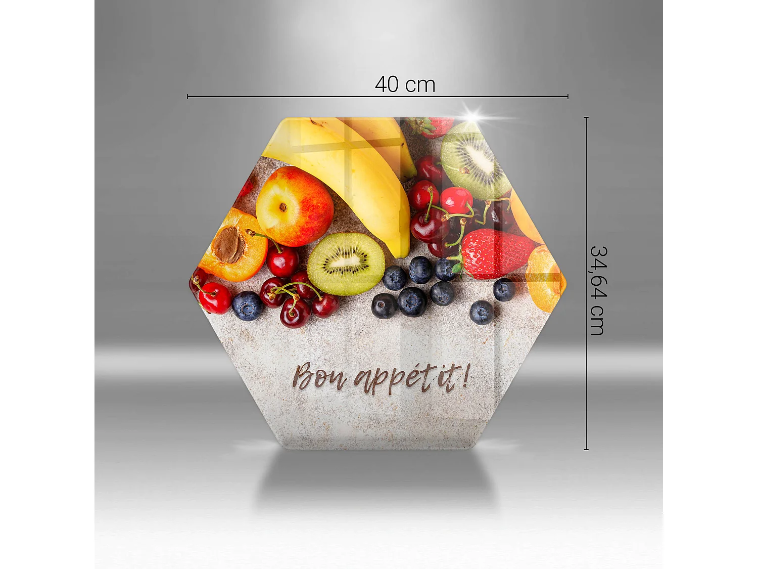 Planche de cuisine hexagonale en verre avec une phrase "Fruits, Bon appétit!" 40 cm
