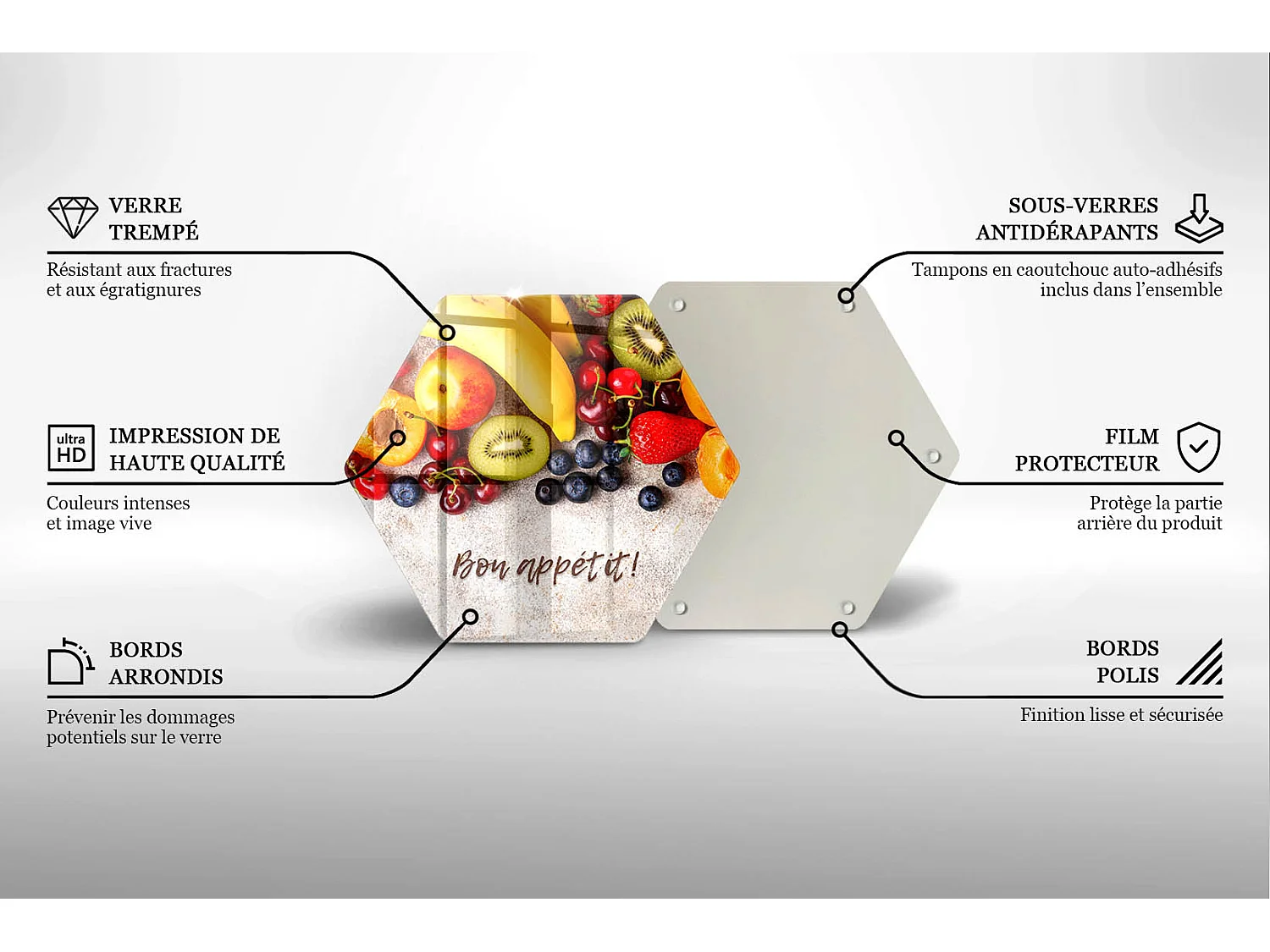 Planche de cuisine hexagonale en verre avec une phrase "Fruits, Bon appétit!" 40 cm