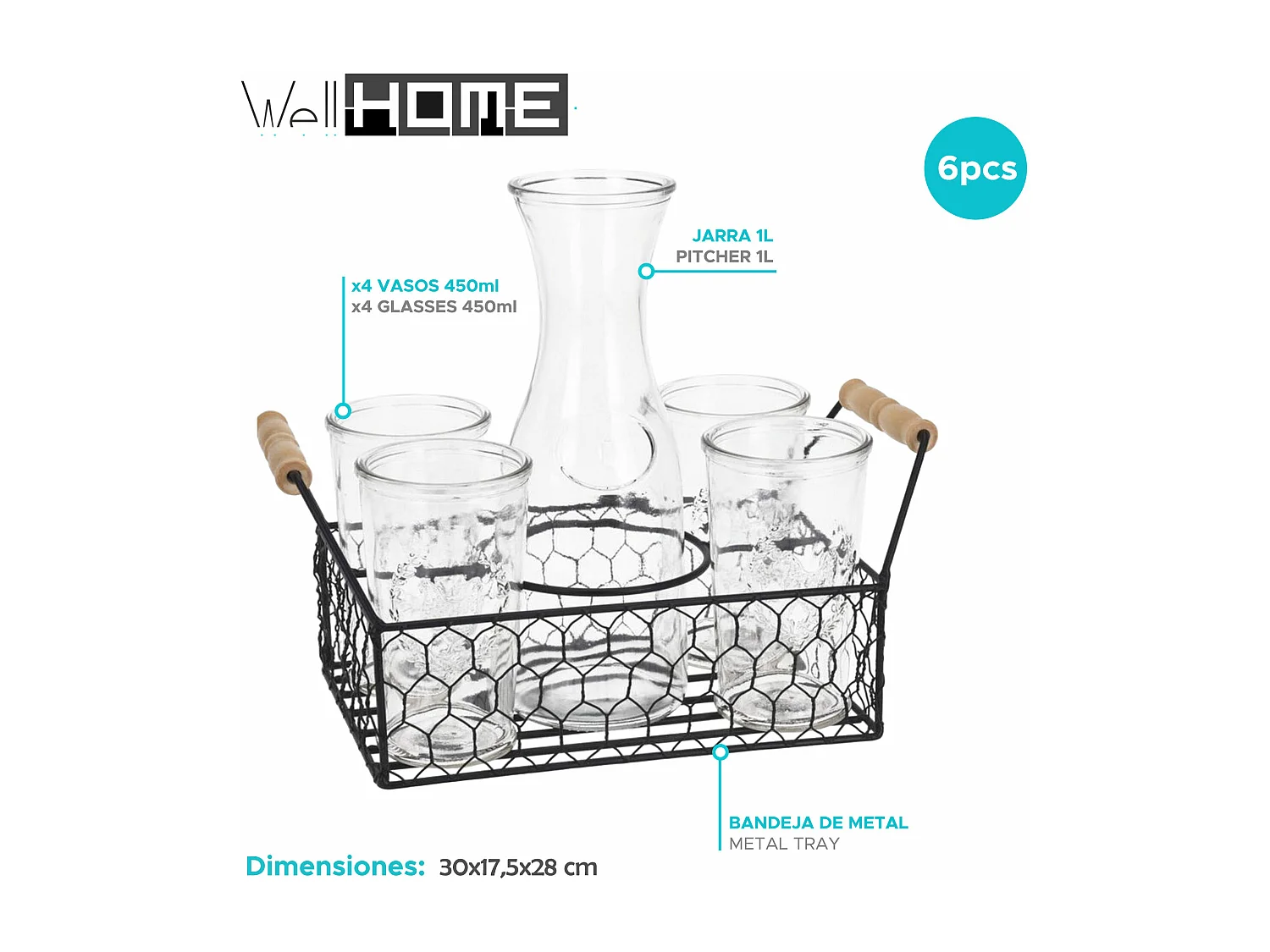 Well Home Coffret 4 verres 450 ml + pichet en verre 1L