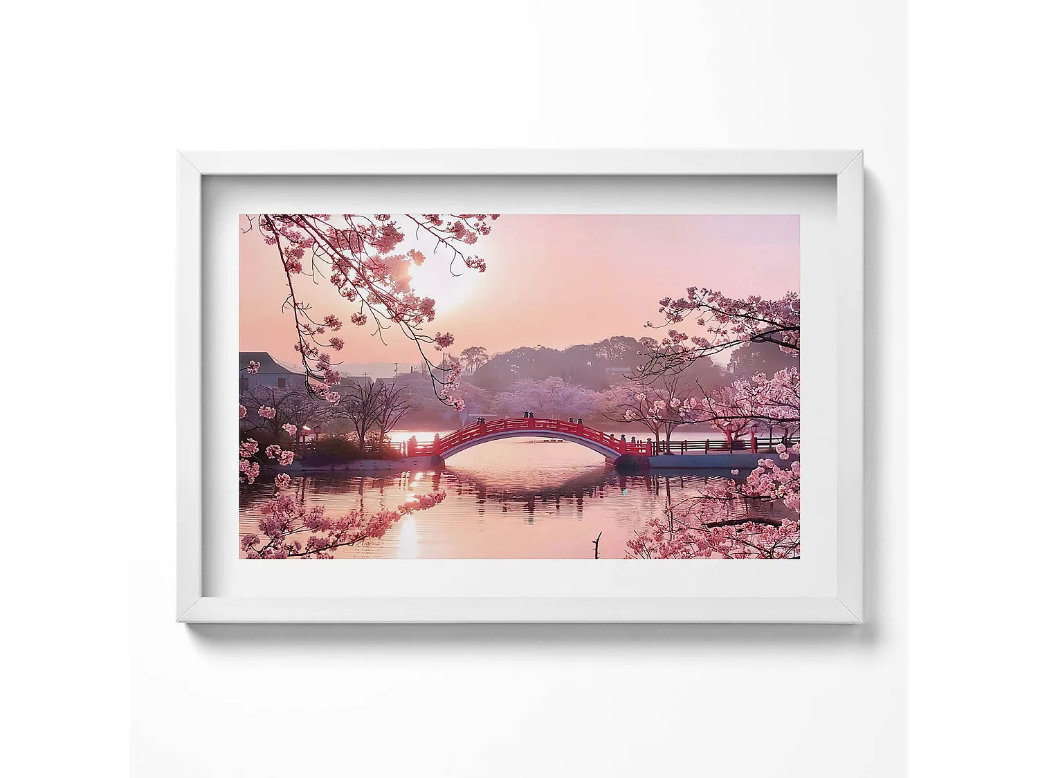 Dekoratives Gemälde mit weißem Rahmen, Kirschblüten und Brücke – japanischer Stil 60 x 40 cm – perfekt für das Wohn- oder Schlafzimmer