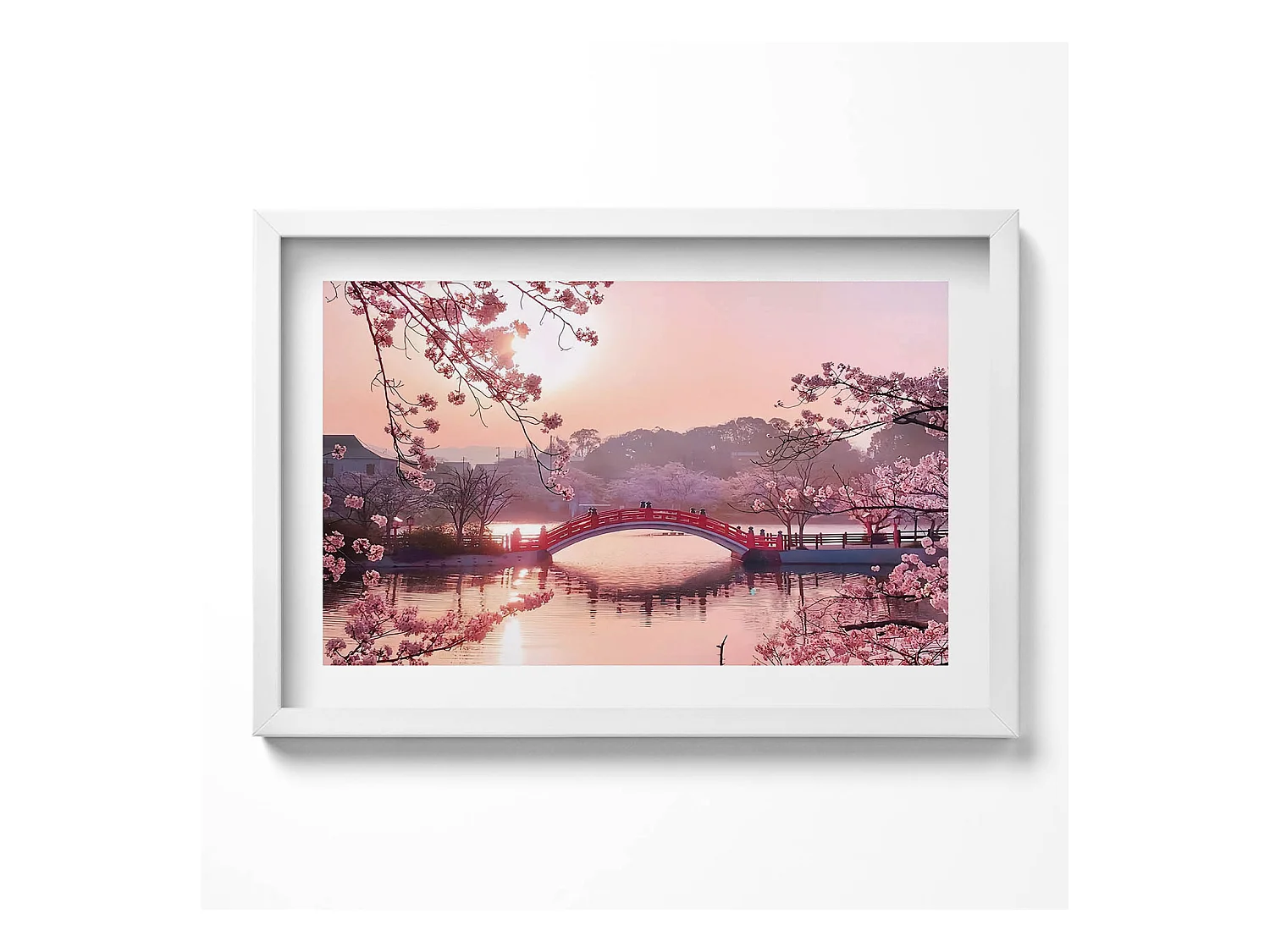 Tableau décoratif avec cadre blanc, Fleurs de cerisier et pont - style japonais 60 x 40 cm– Parfait pour le salon ou la chambre