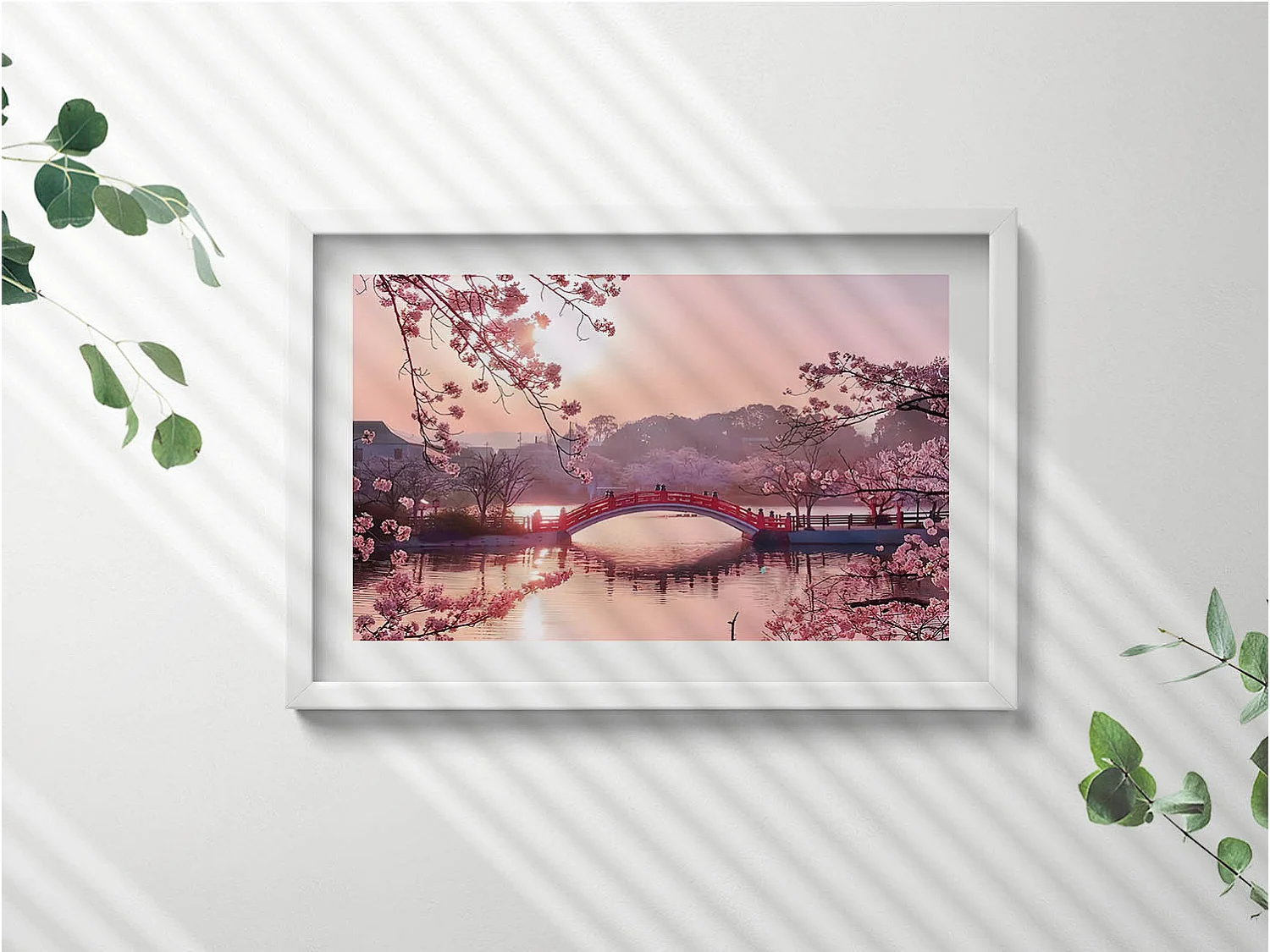 Dekoratives Gemälde mit weißem Rahmen, Kirschblüten und Brücke – japanischer Stil 60 x 40 cm – perfekt für das Wohn- oder Schlafzimmer