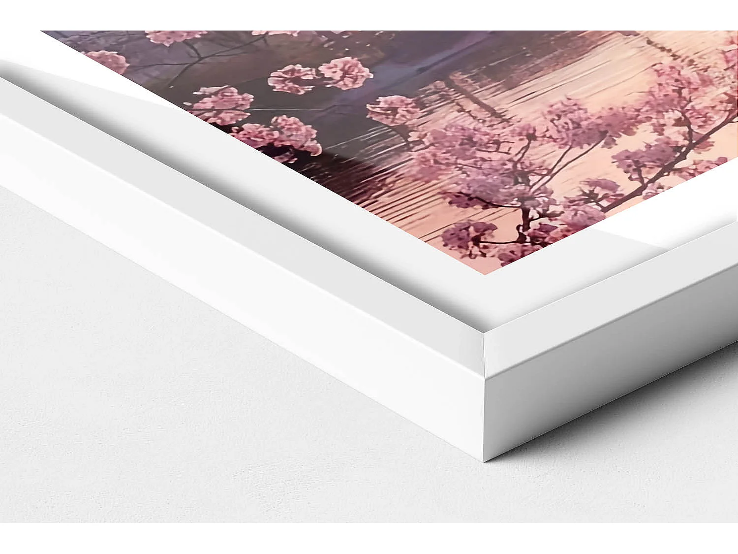 Dekoratives Gemälde mit weißem Rahmen, Kirschblüten und Brücke – japanischer Stil 60 x 40 cm – perfekt für das Wohn- oder Schlafzimmer